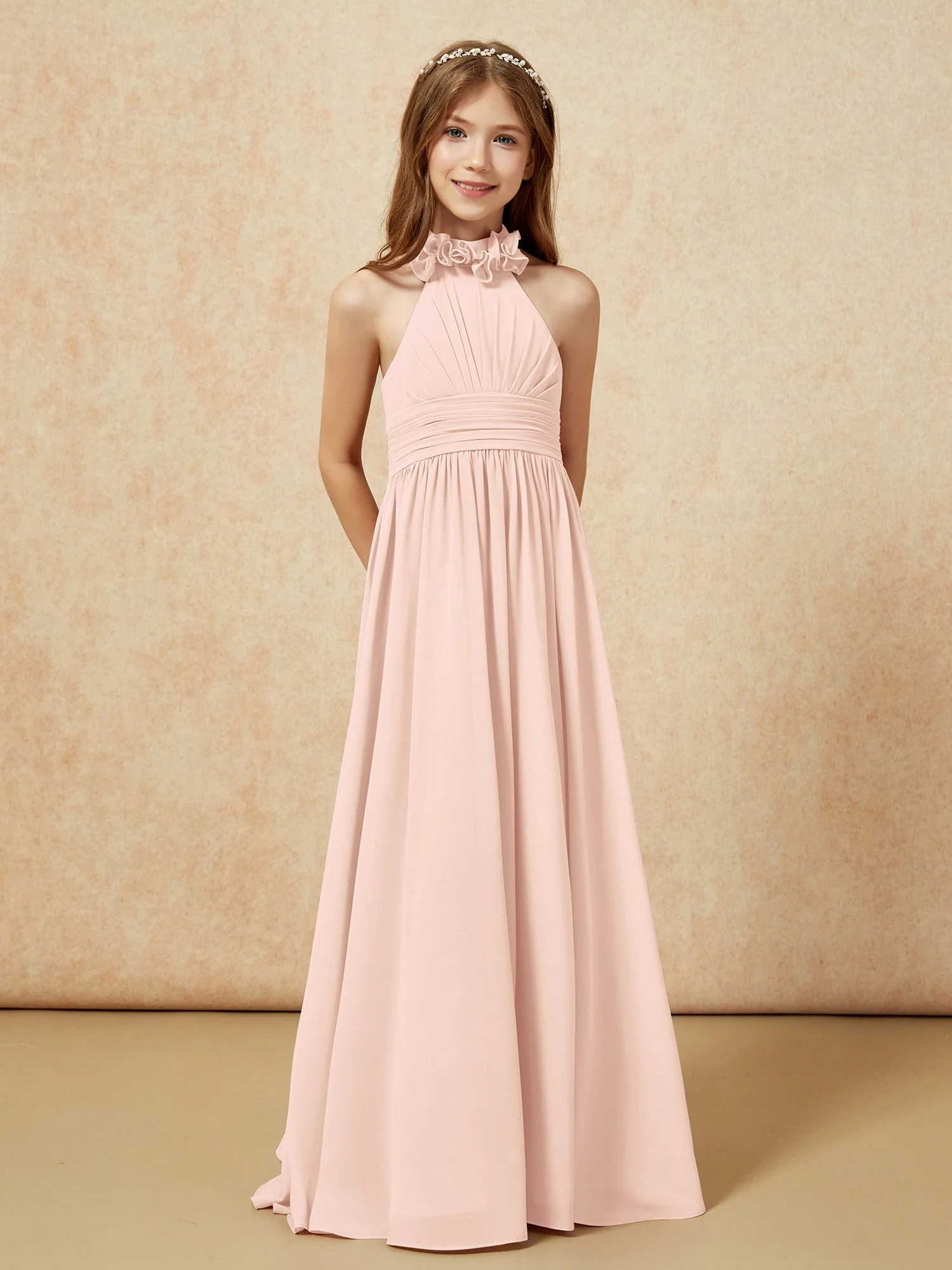 Halshalter Rückenfrei Lang Chiffon Junge Brautjungfernkleider Perlrosa - Image 5