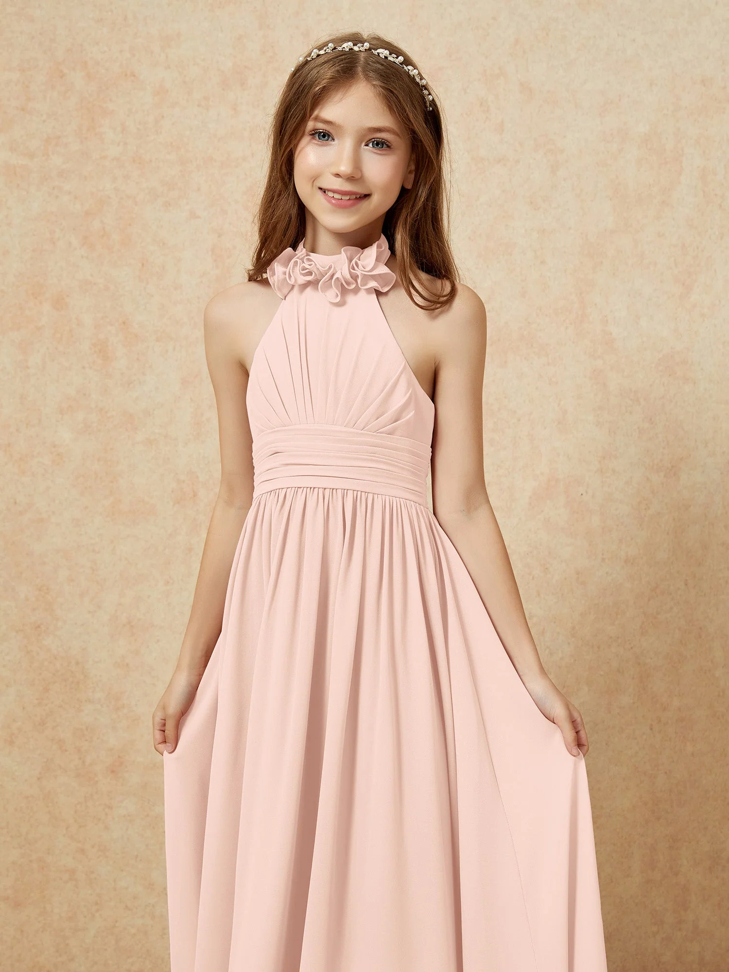 Halshalter Rückenfrei Lang Chiffon Junge Brautjungfernkleider Perlrosa - Image 6