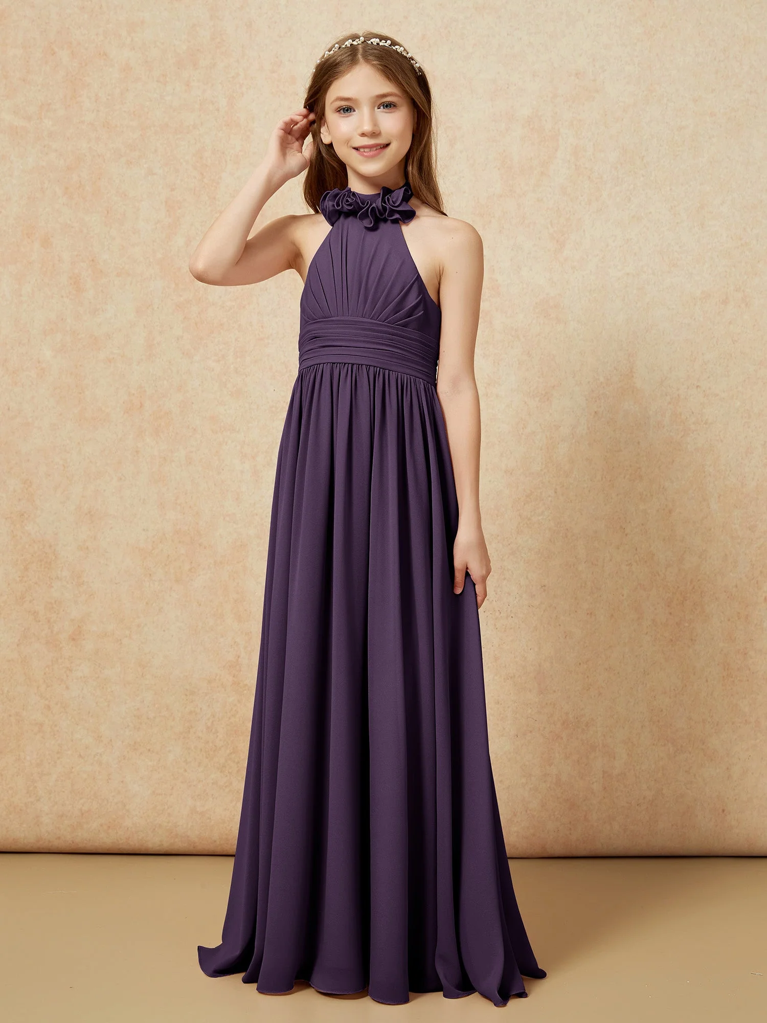 Halshalter Rückenfrei Lang Chiffon Junge Brautjungfernkleider Plum - Image 3