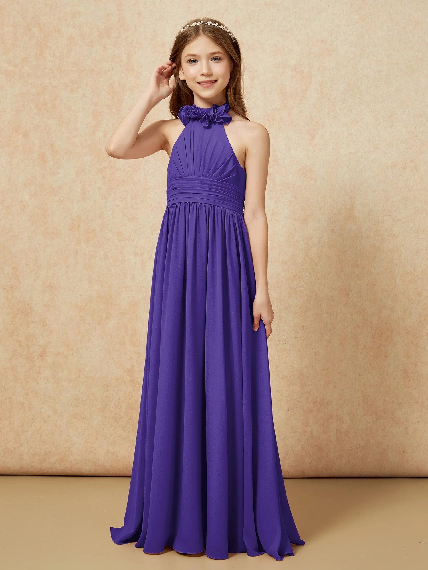 Halshalter Rückenfrei Lang Chiffon Junge Brautjungfernkleider Regentschaft - Image 3