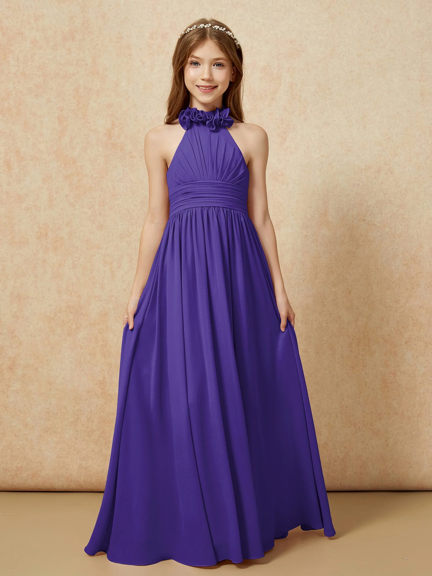 Halshalter Rückenfrei Lang Chiffon Junge Brautjungfernkleider Regentschaft - Image 4