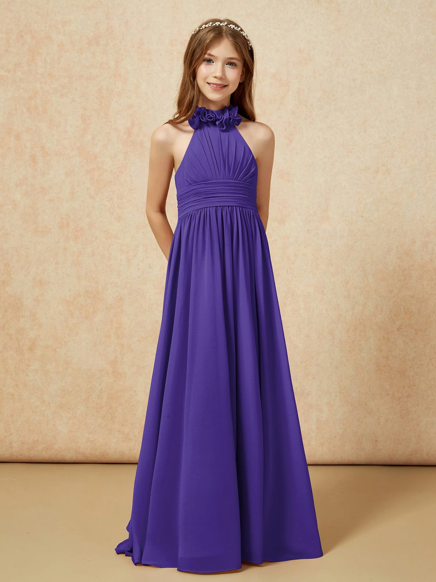 Halshalter Rückenfrei Lang Chiffon Junge Brautjungfernkleider Regentschaft - Image 5