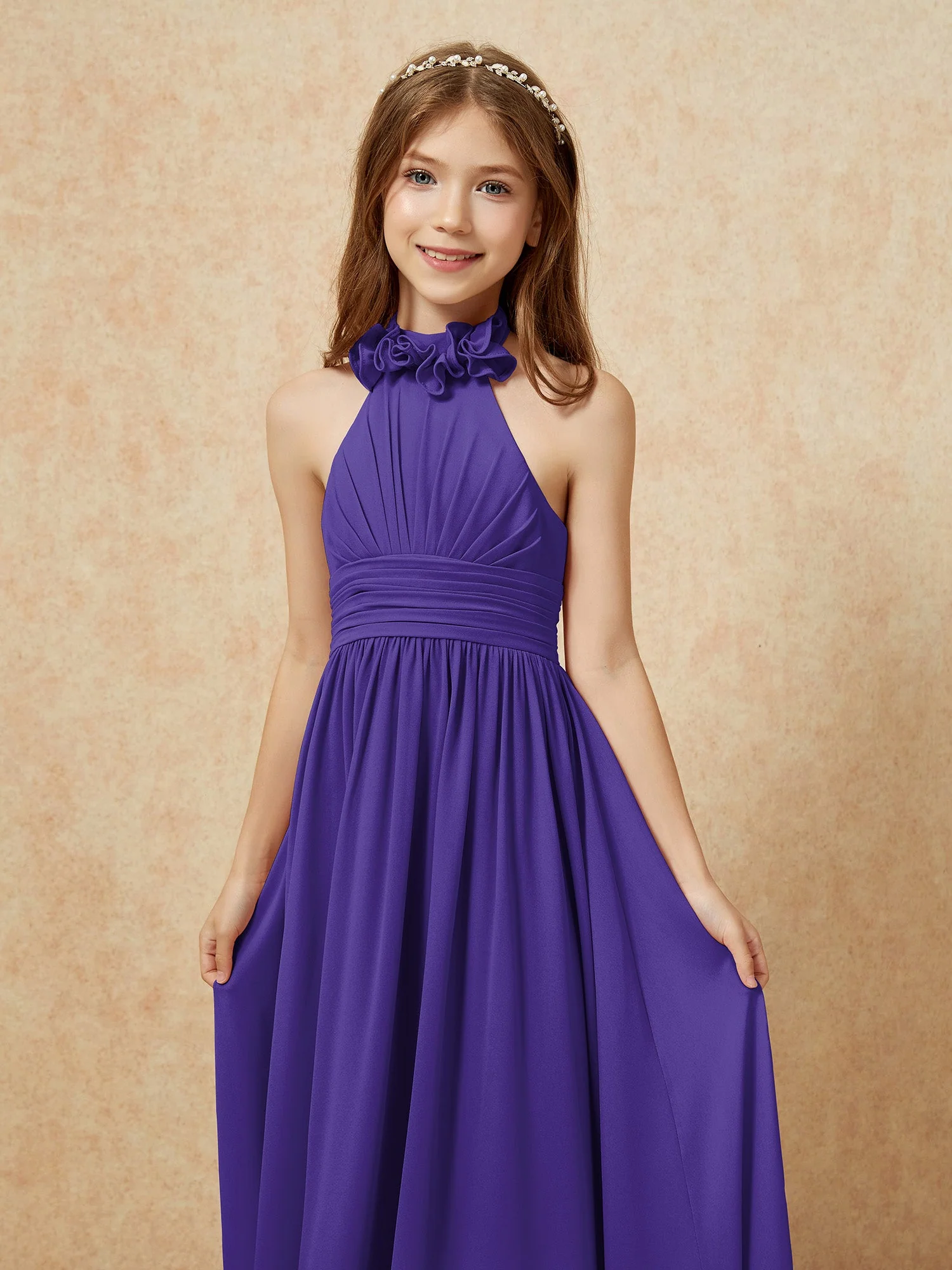 Halshalter Rückenfrei Lang Chiffon Junge Brautjungfernkleider Regentschaft - Image 6