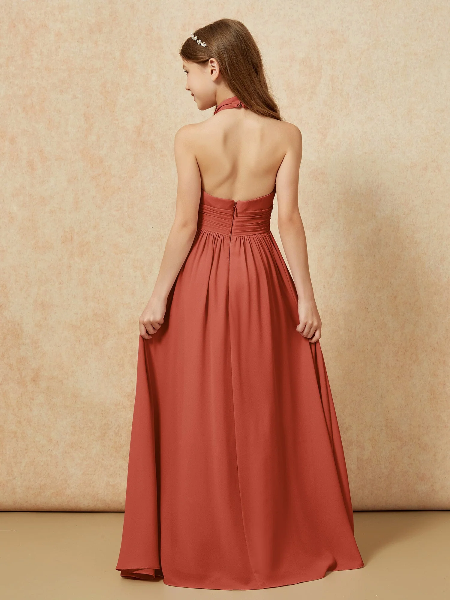 Halshalter Rückenfrei Lang Chiffon Junge Brautjungfernkleider Rost - Image 2