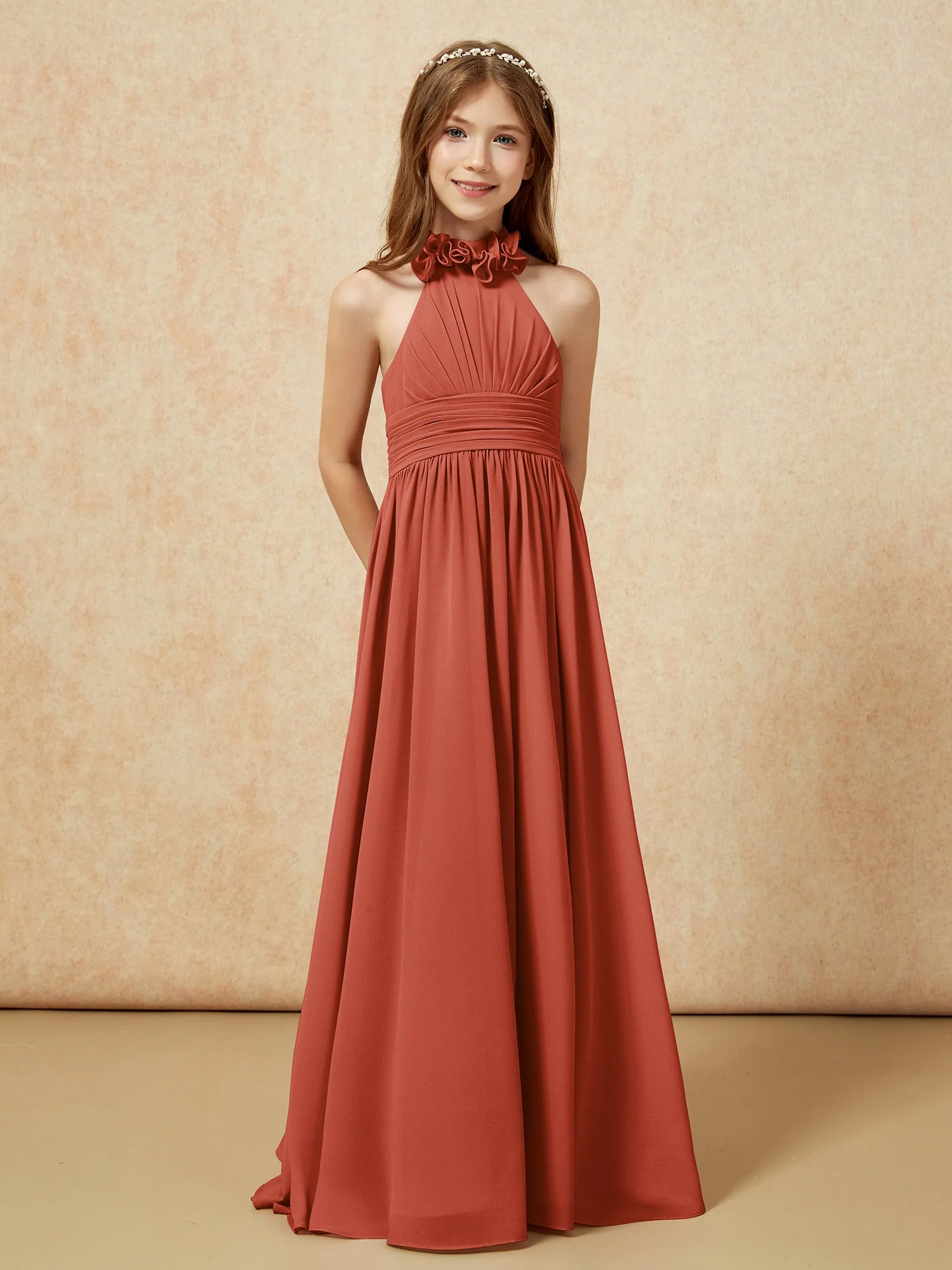 Halshalter Rückenfrei Lang Chiffon Junge Brautjungfernkleider Rost - Image 5