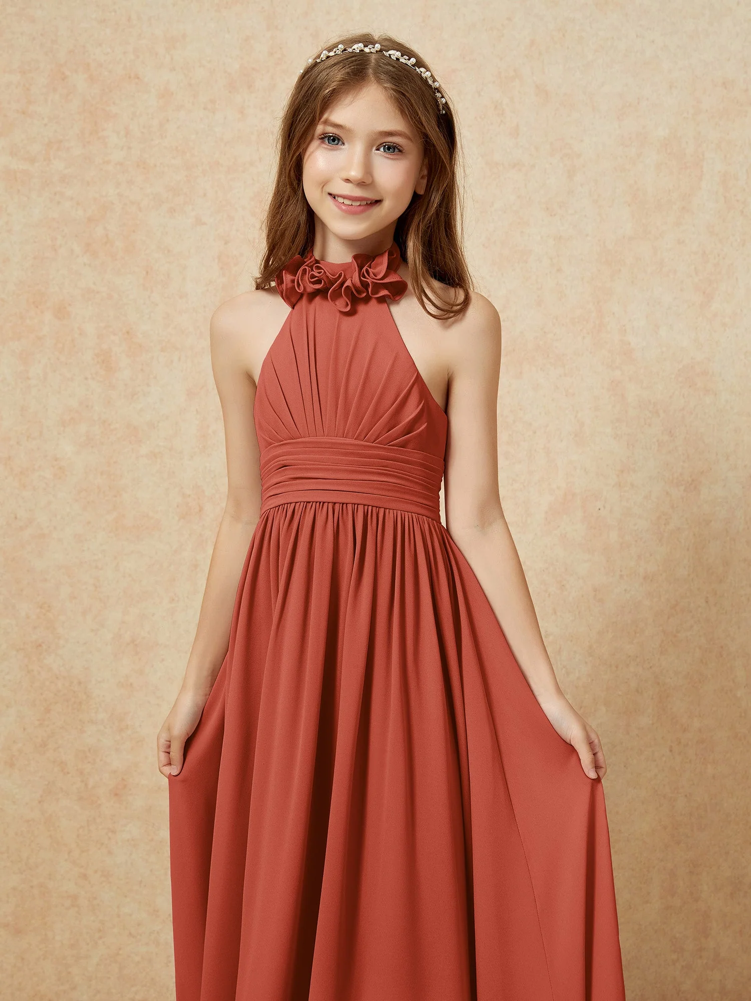 Halshalter Rückenfrei Lang Chiffon Junge Brautjungfernkleider Rost - Image 6