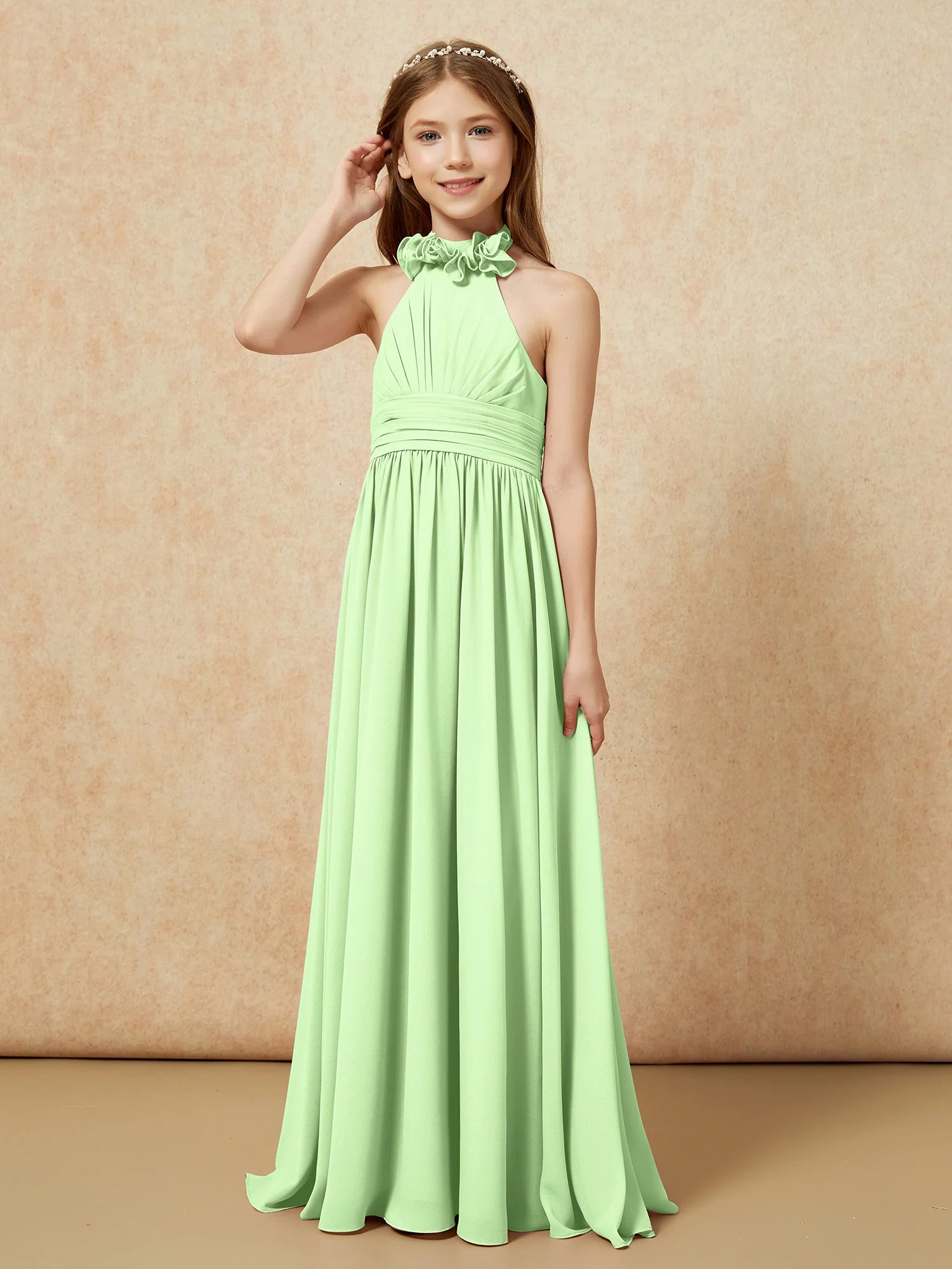 Halshalter Rückenfrei Lang Chiffon Junge Brautjungfernkleider Salbei - Image 3