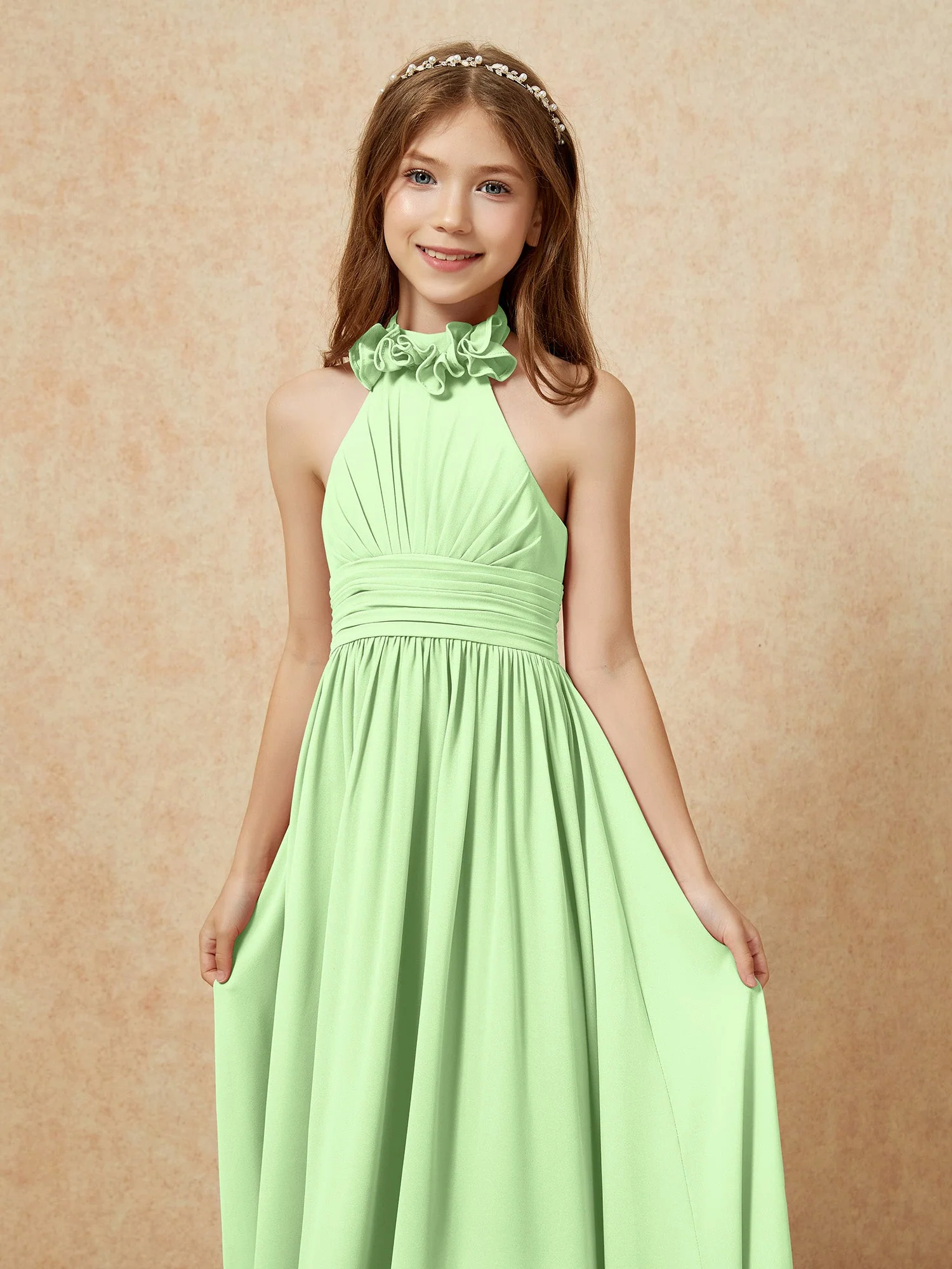 Halshalter Rückenfrei Lang Chiffon Junge Brautjungfernkleider Salbei - Image 6