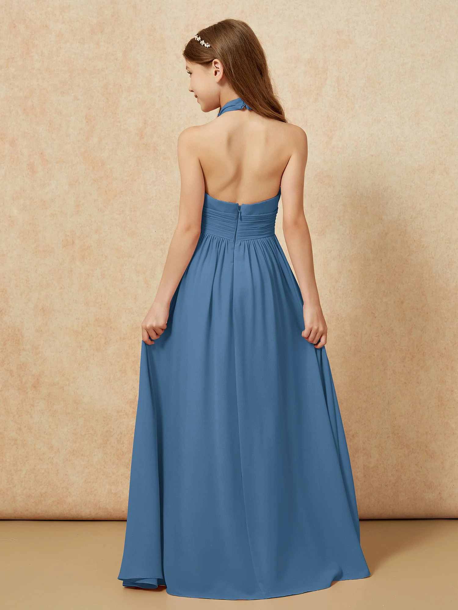 Halshalter Rückenfrei Lang Chiffon Junge Brautjungfernkleider Schiefer Blau - Image 2