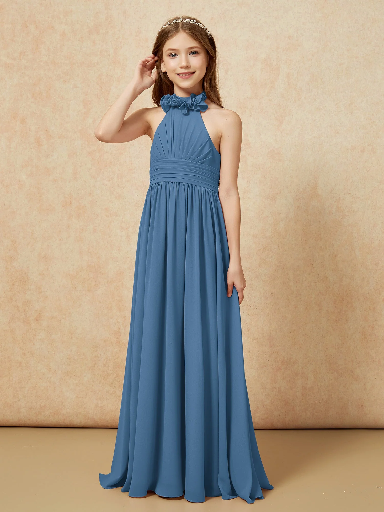 Halshalter Rückenfrei Lang Chiffon Junge Brautjungfernkleider Schiefer Blau - Image 3