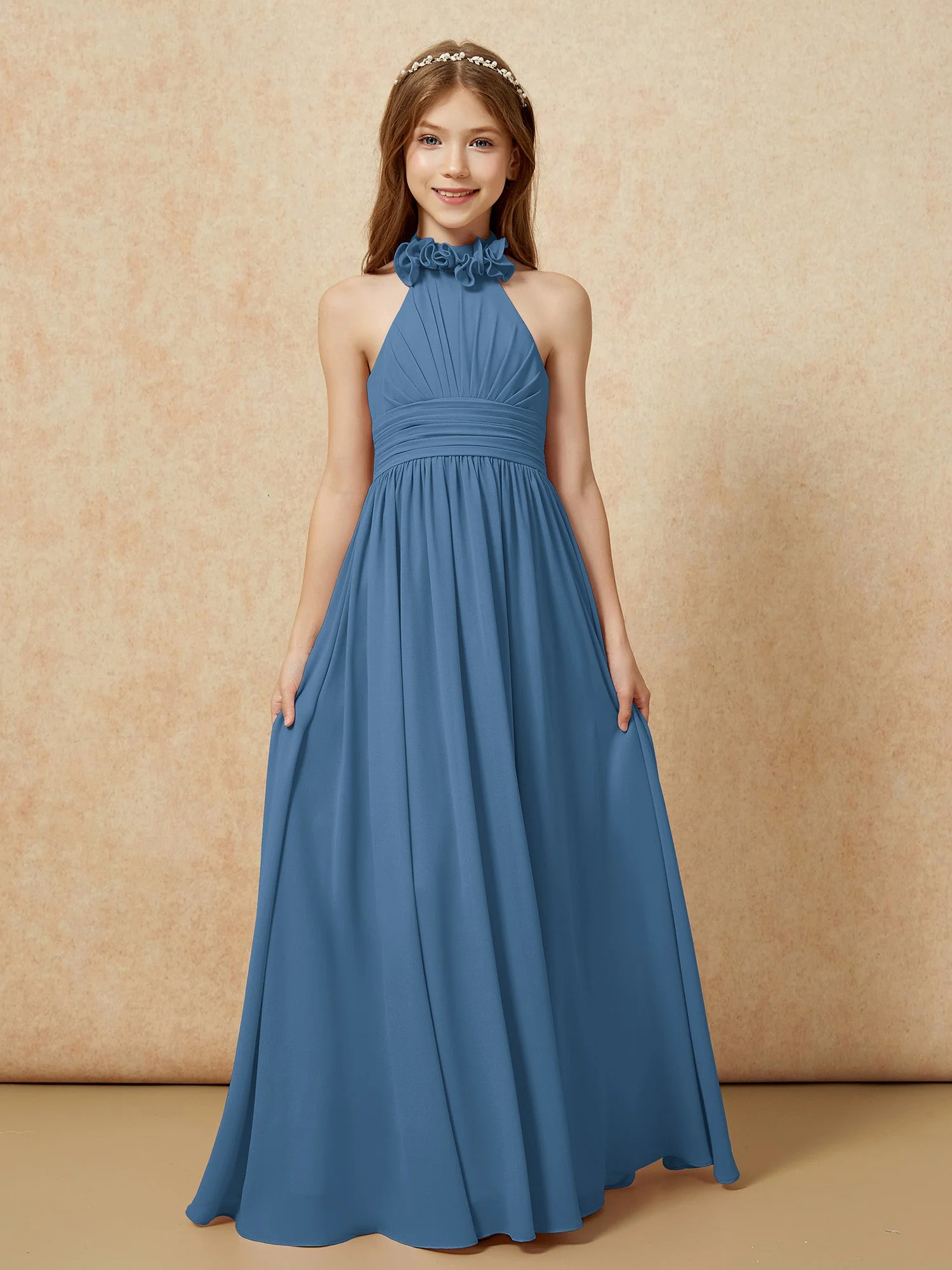 Halshalter Rückenfrei Lang Chiffon Junge Brautjungfernkleider Schiefer Blau - Image 4