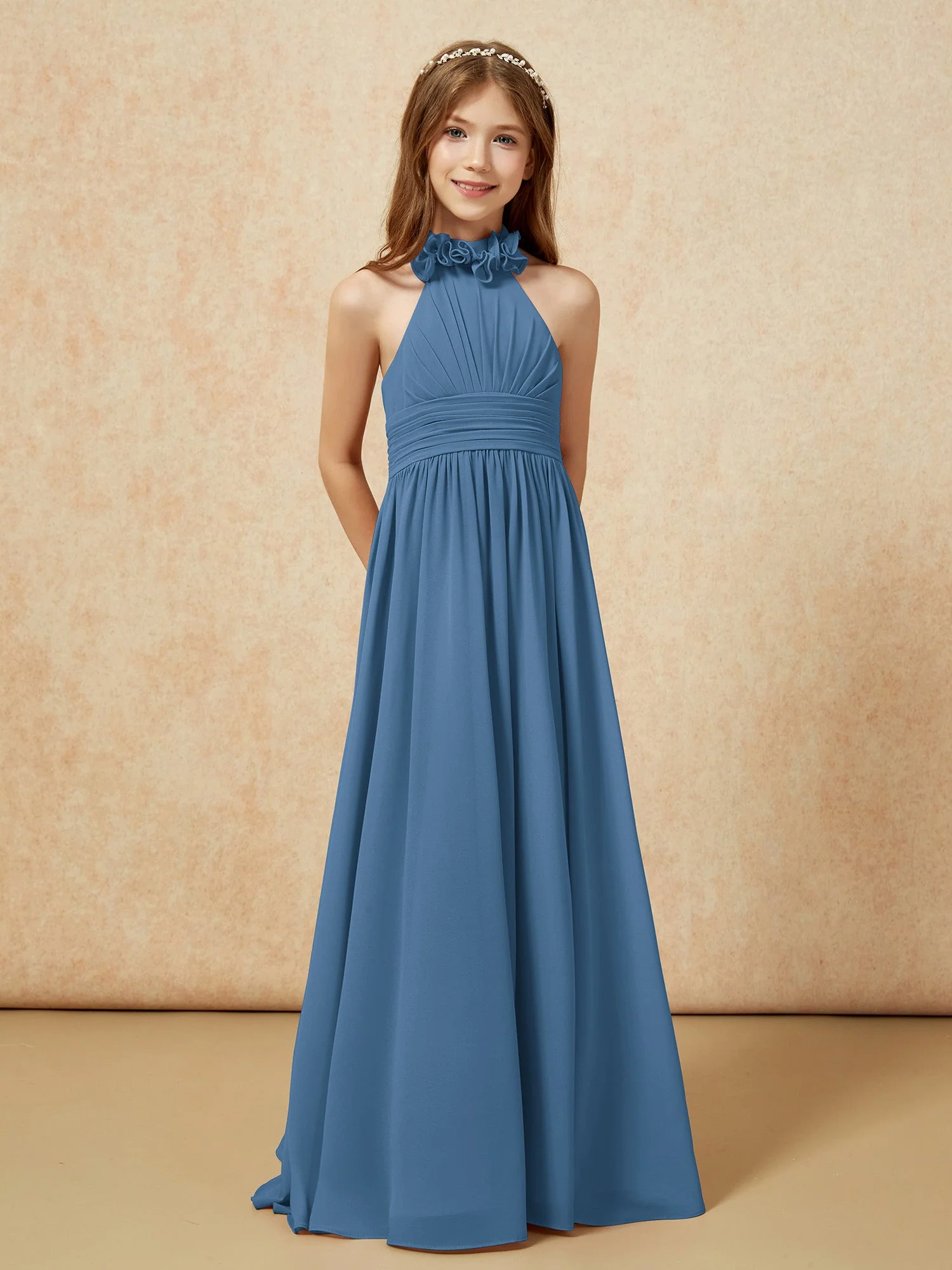 Halshalter Rückenfrei Lang Chiffon Junge Brautjungfernkleider Schiefer Blau - Image 5
