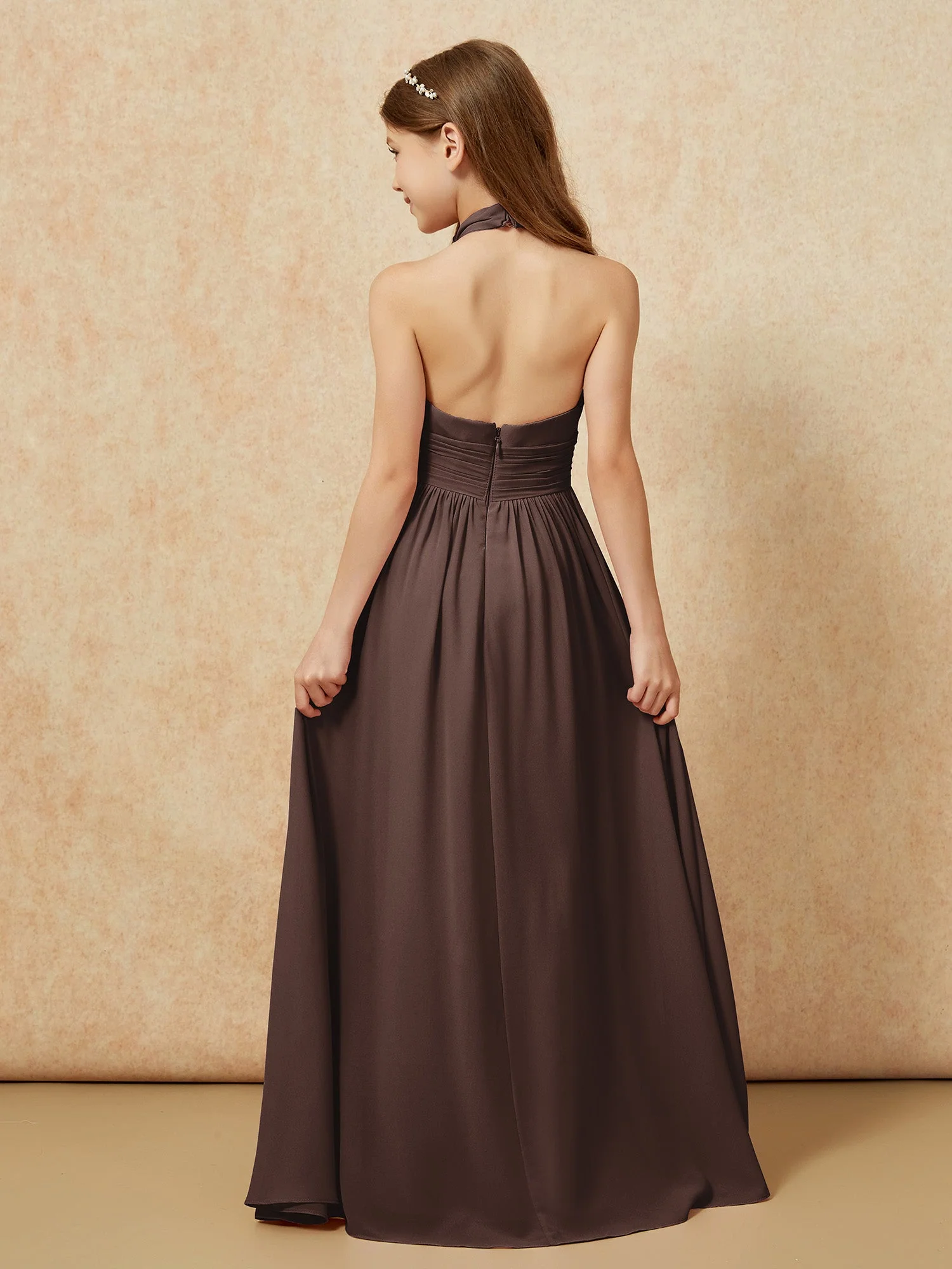 Halshalter Rückenfrei Lang Chiffon Junge Brautjungfernkleider Schokolade - Image 2