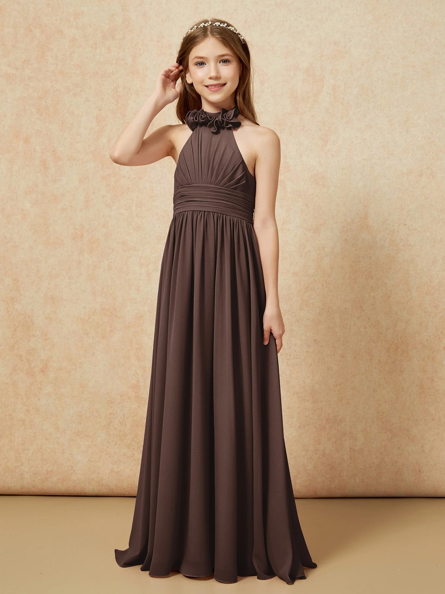 Halshalter Rückenfrei Lang Chiffon Junge Brautjungfernkleider Schokolade - Image 3