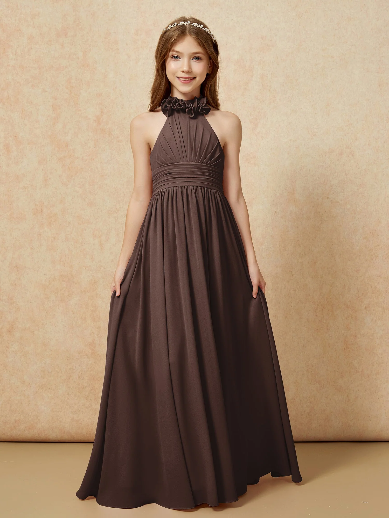 Halshalter Rückenfrei Lang Chiffon Junge Brautjungfernkleider Schokolade - Image 4