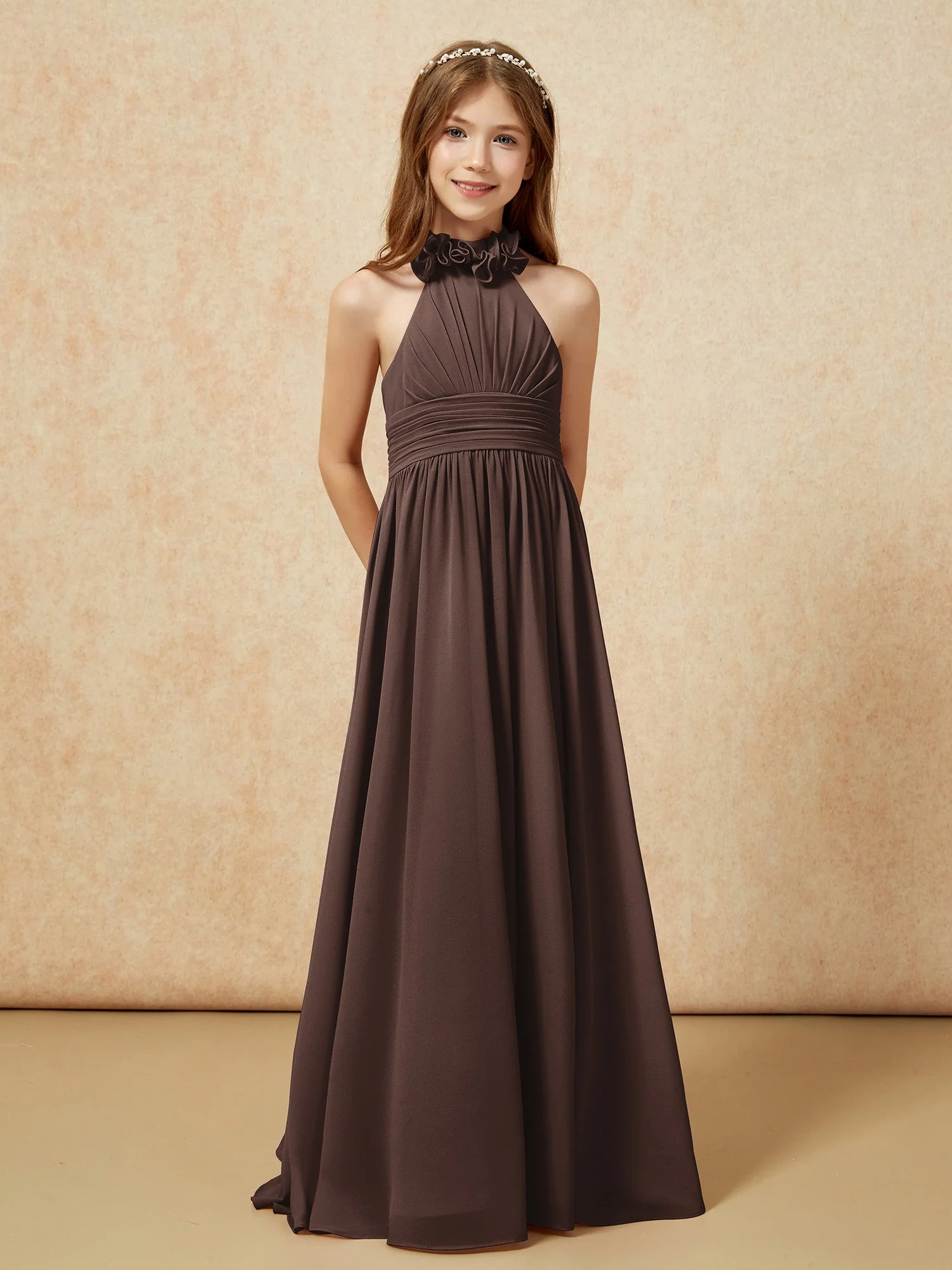 Halshalter Rückenfrei Lang Chiffon Junge Brautjungfernkleider Schokolade - Image 5
