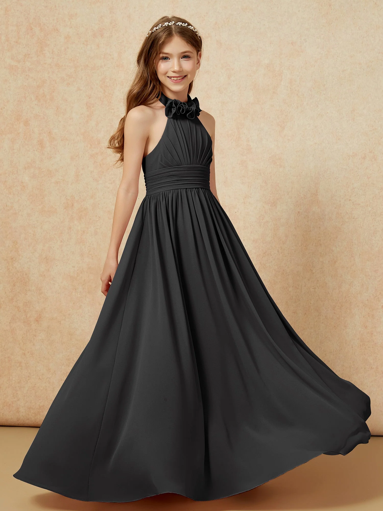 Halshalter Rückenfrei Lang Chiffon Junge Brautjungfernkleider Schwarz