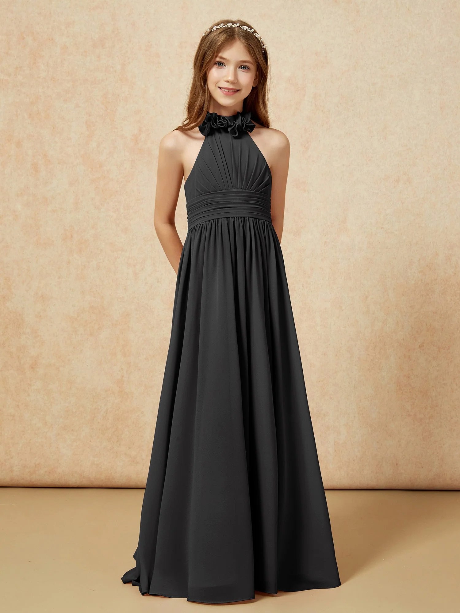 Halshalter Rückenfrei Lang Chiffon Junge Brautjungfernkleider Schwarz - Image 5