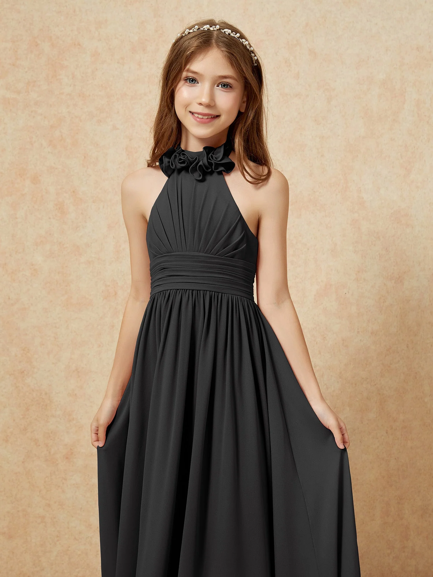 Halshalter Rückenfrei Lang Chiffon Junge Brautjungfernkleider Schwarz - Image 6