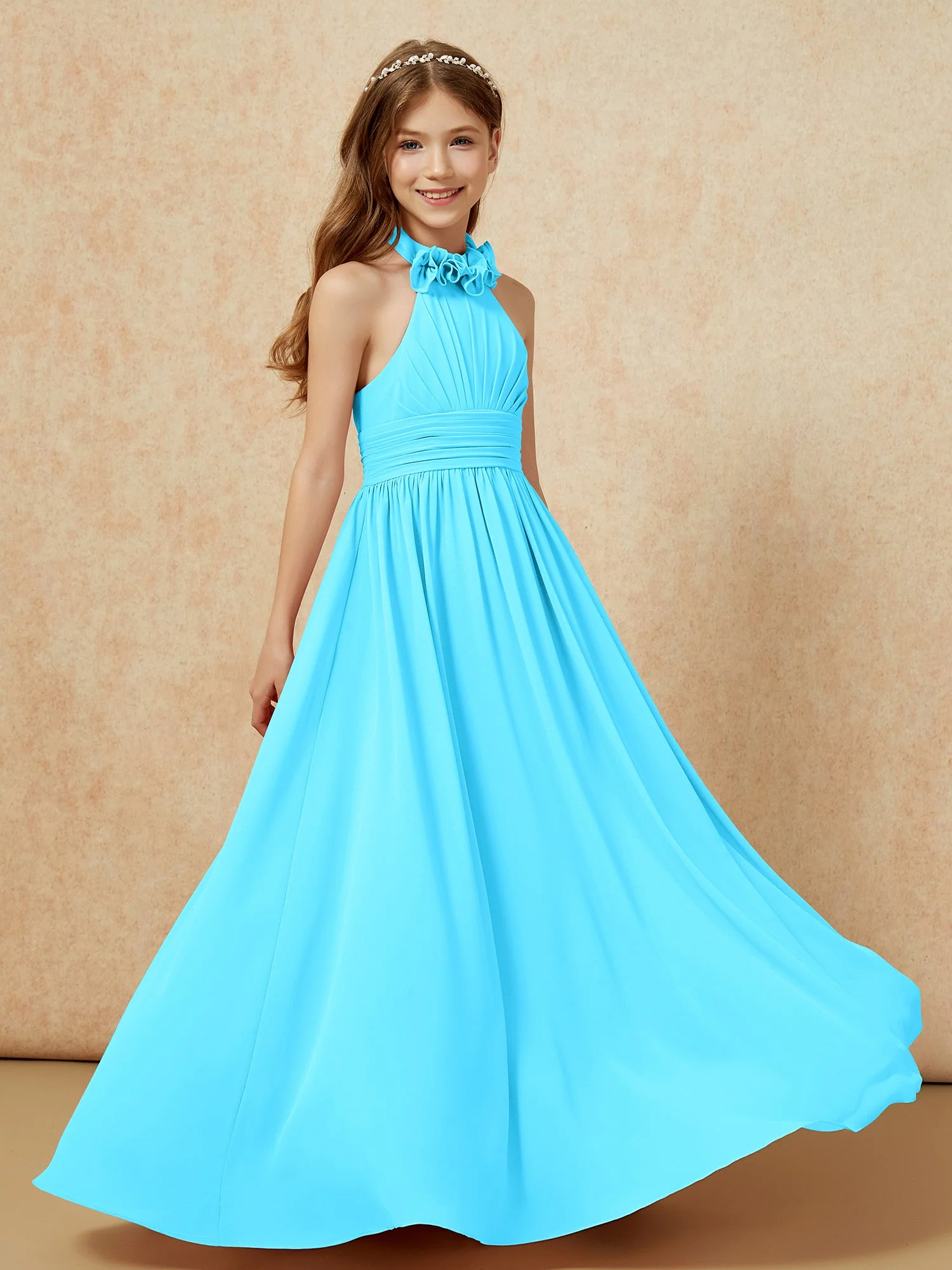 Halshalter Rückenfrei Lang Chiffon Junge Brautjungfernkleider Schwimmbadblau