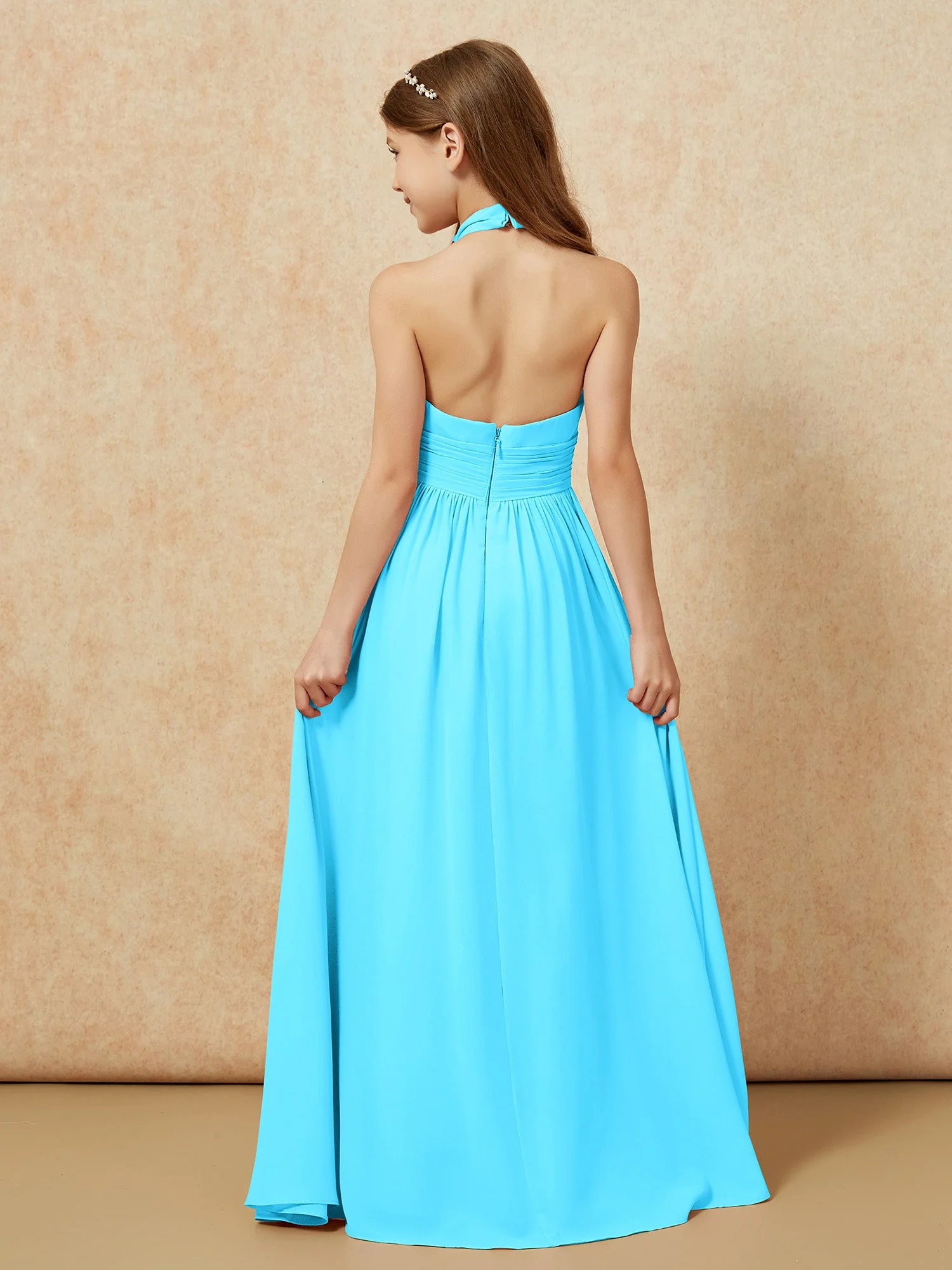 Halshalter Rückenfrei Lang Chiffon Junge Brautjungfernkleider Schwimmbadblau - Image 2