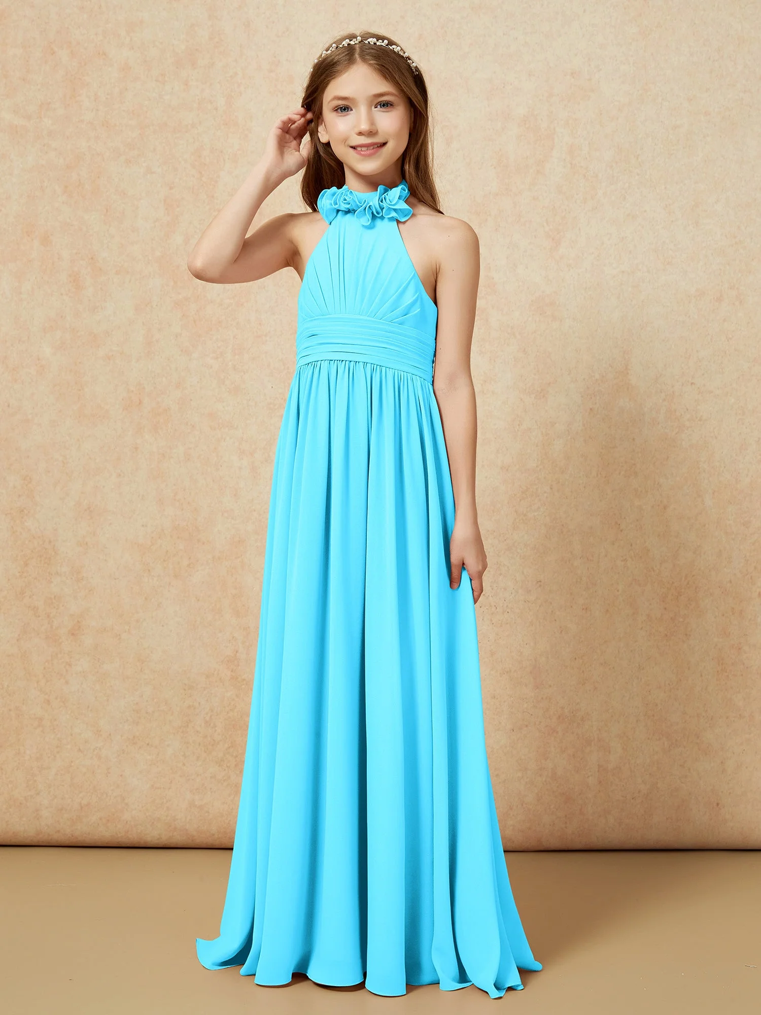 Halshalter Rückenfrei Lang Chiffon Junge Brautjungfernkleider Schwimmbadblau - Image 3