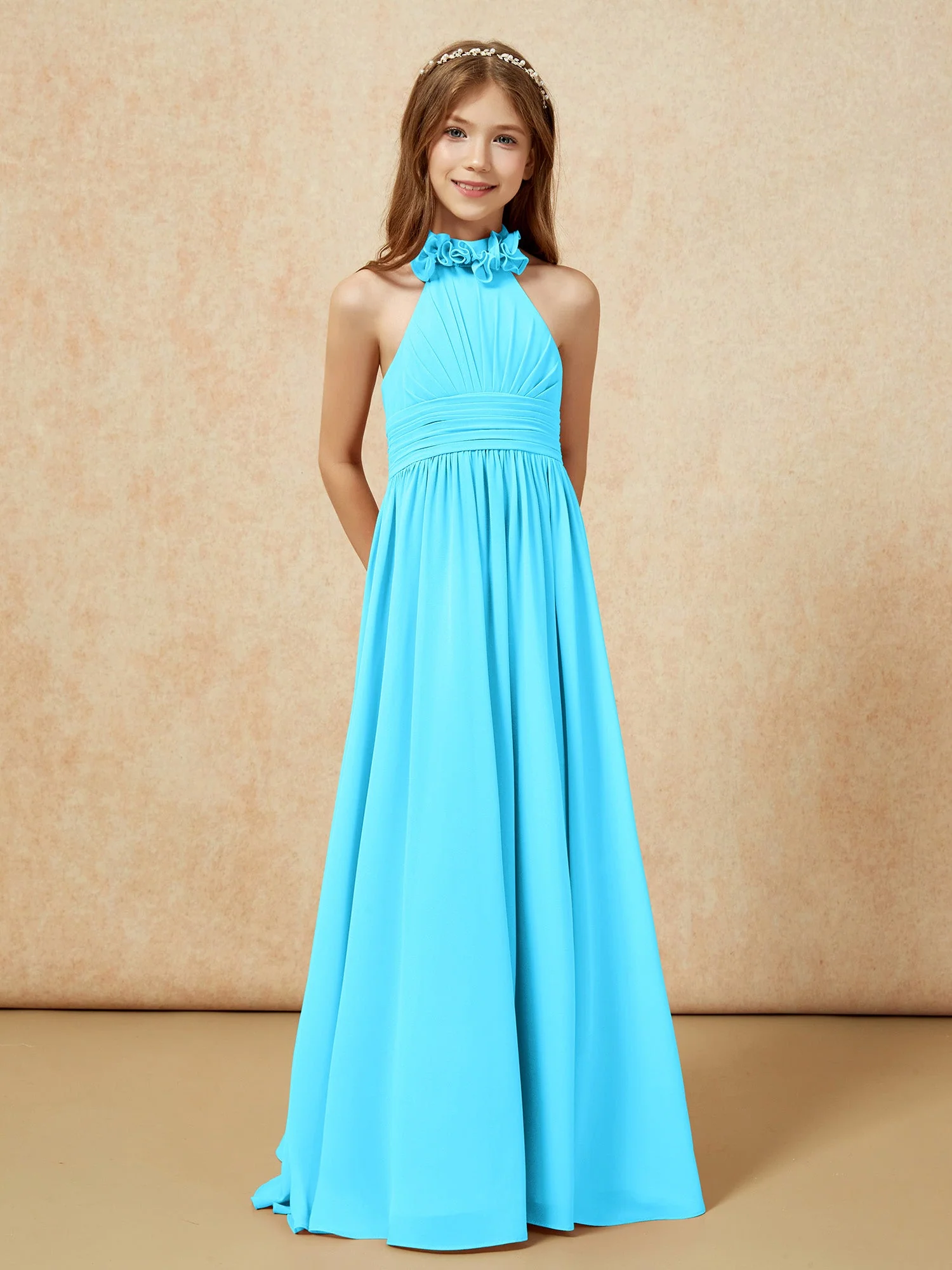 Halshalter Rückenfrei Lang Chiffon Junge Brautjungfernkleider Schwimmbadblau - Image 5