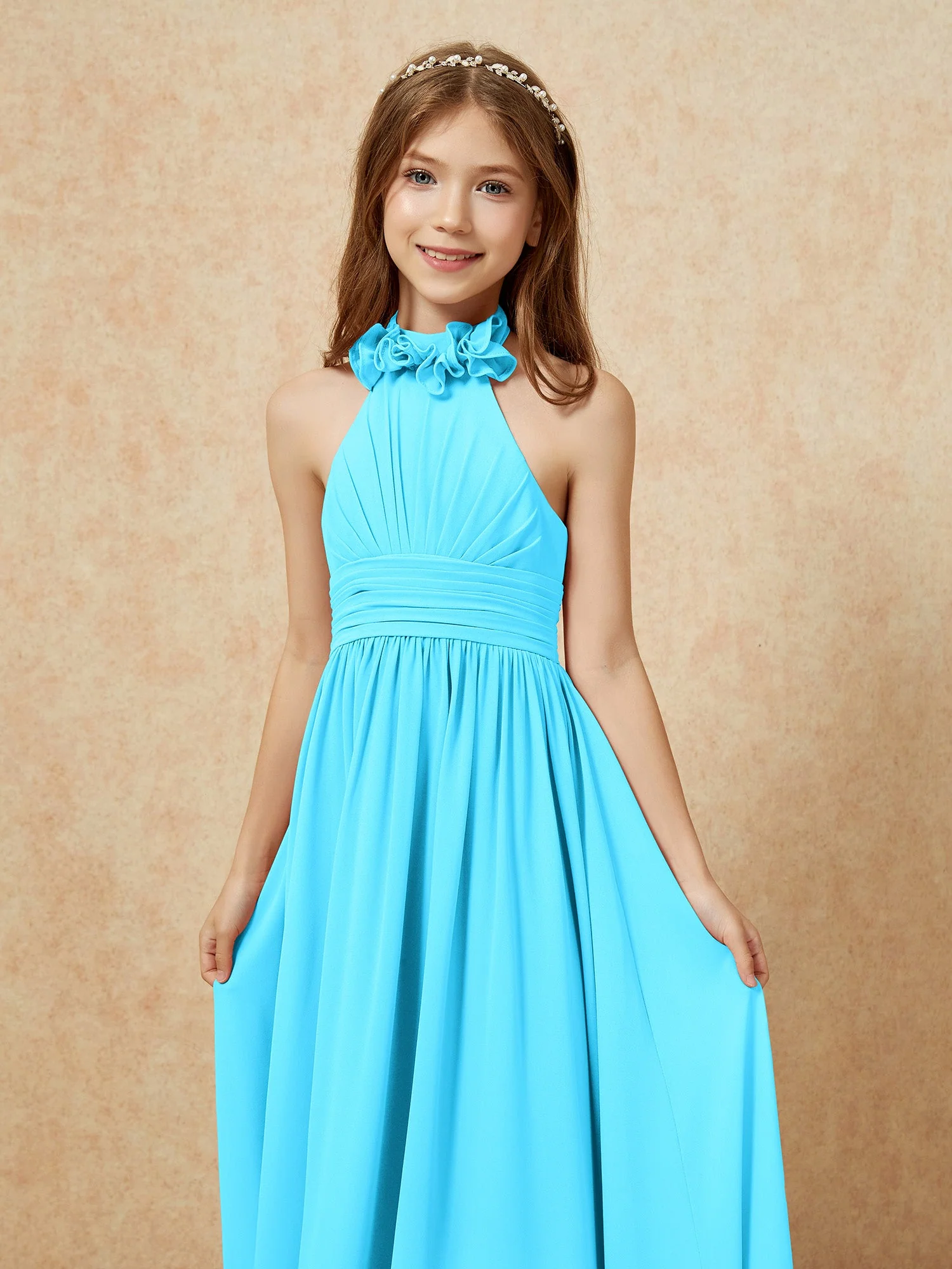 Halshalter Rückenfrei Lang Chiffon Junge Brautjungfernkleider Schwimmbadblau - Image 6