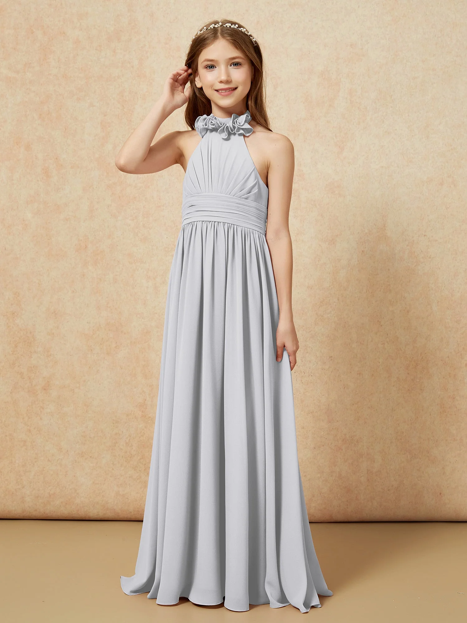 Halshalter Rückenfrei Lang Chiffon Junge Brautjungfernkleider Silber - Image 3
