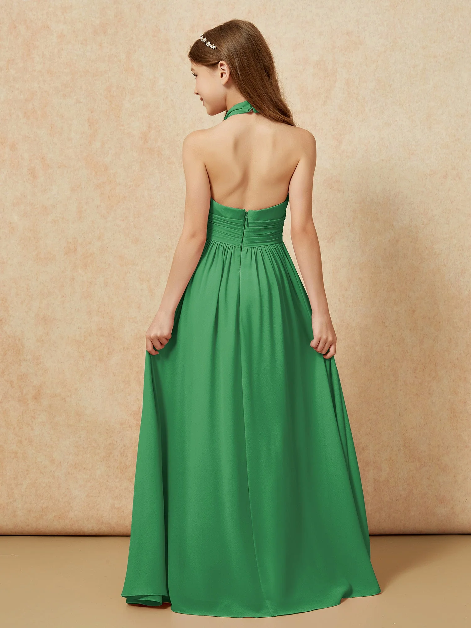 Halshalter Rückenfrei Lang Chiffon Junge Brautjungfernkleider Smaragd - Image 2