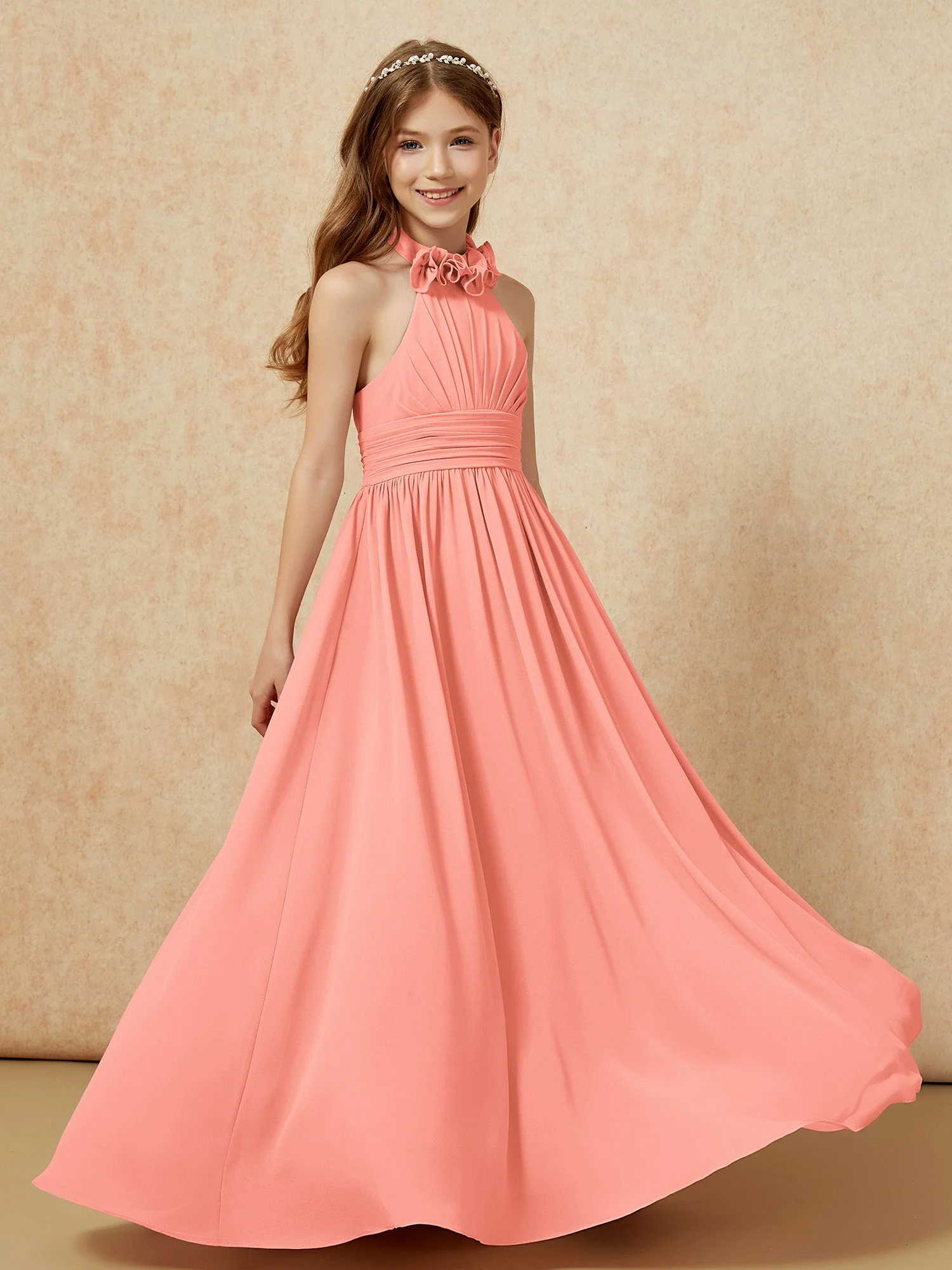Halshalter Rückenfrei Lang Chiffon Junge Brautjungfernkleider Sonnenuntergang