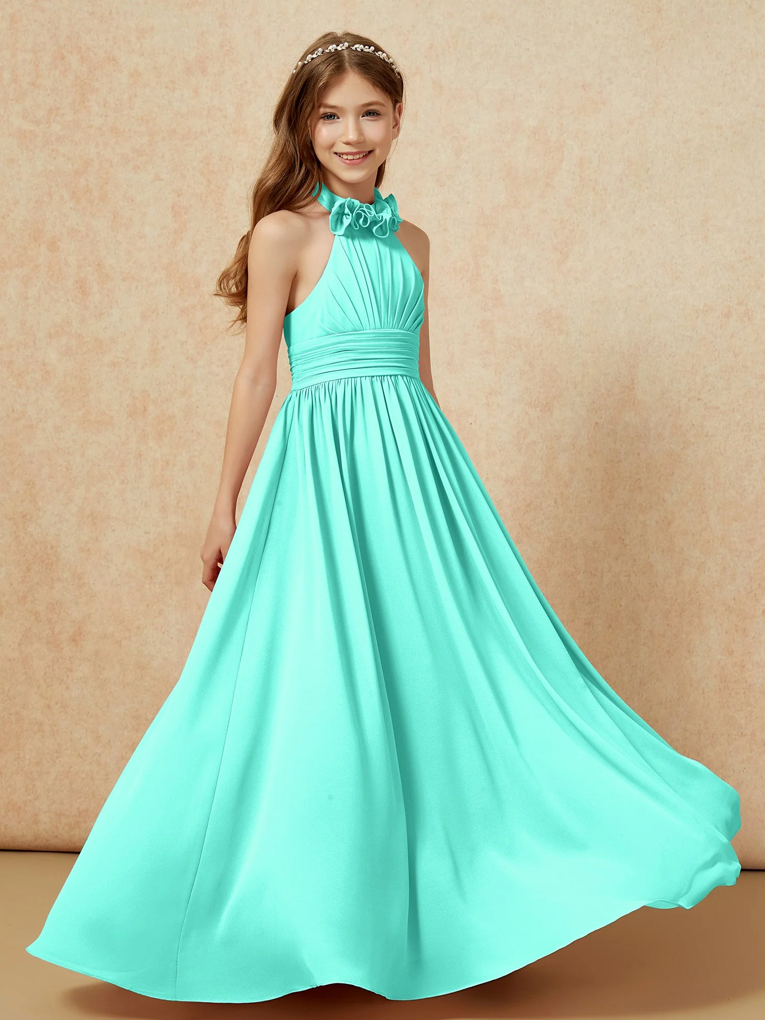 Halshalter Rückenfrei Lang Chiffon Junge Brautjungfernkleider Spa