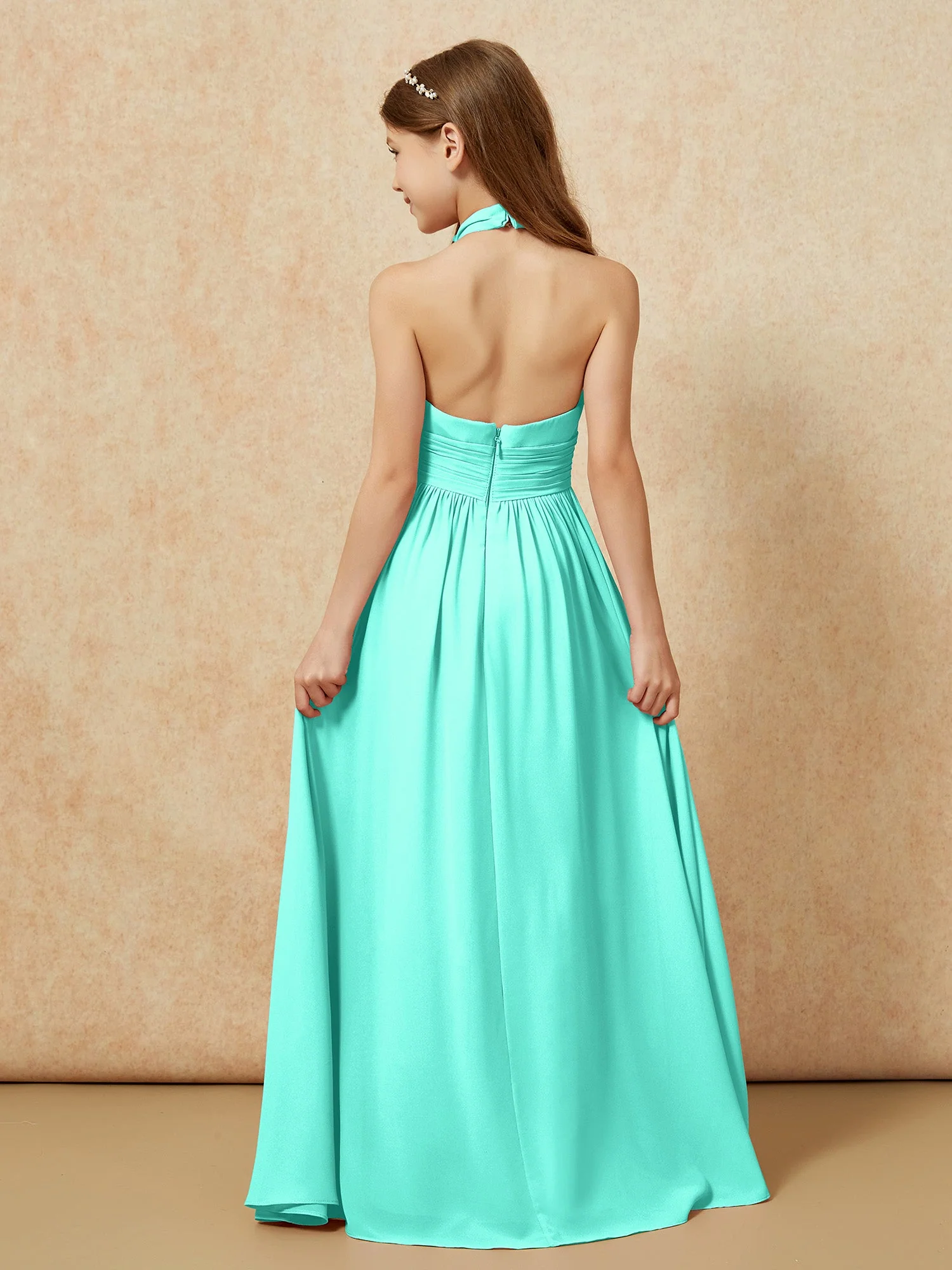 Halshalter Rückenfrei Lang Chiffon Junge Brautjungfernkleider Spa - Image 2
