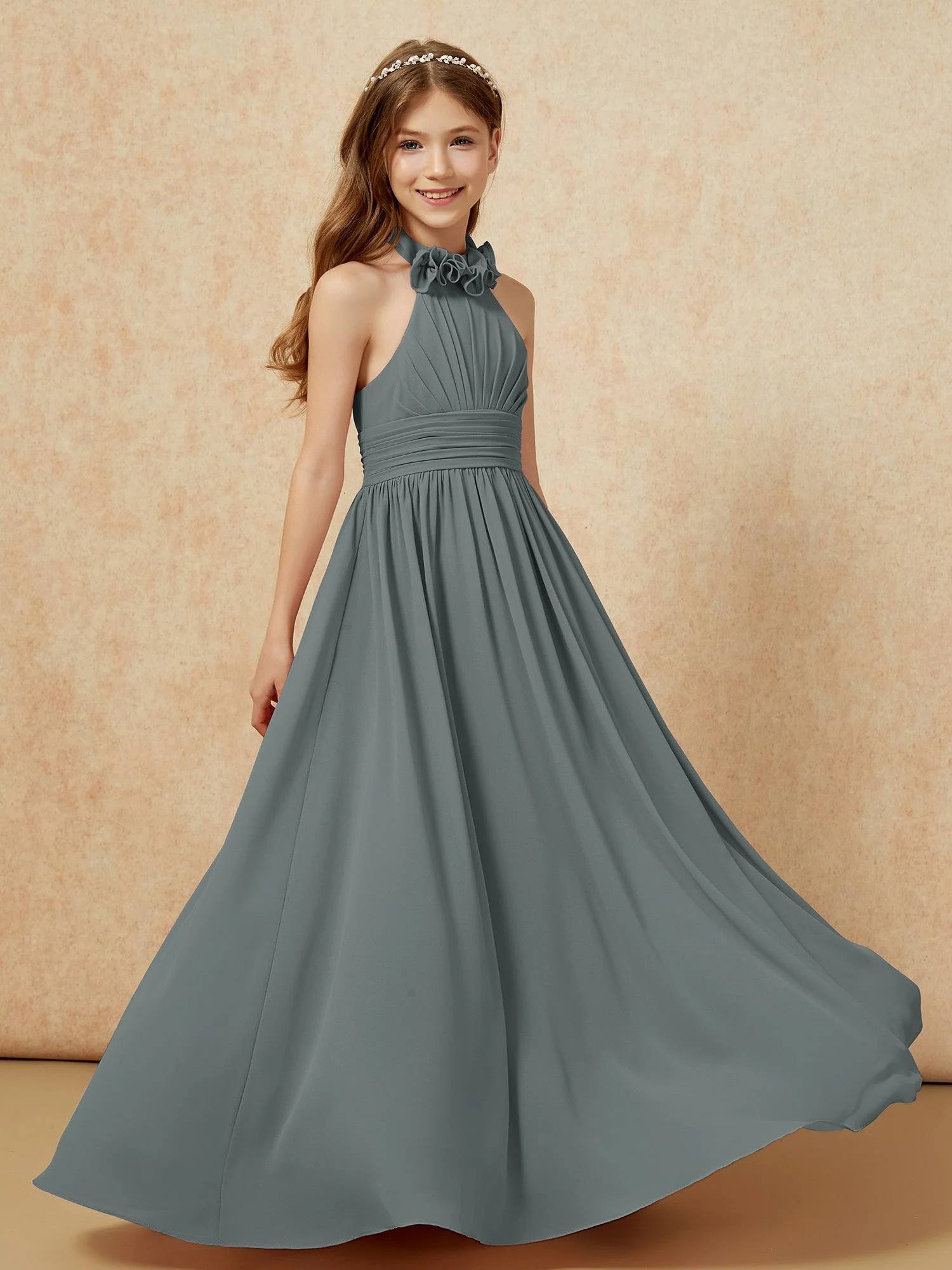 Halshalter Rückenfrei Lang Chiffon Junge Brautjungfernkleider Stahlgrau