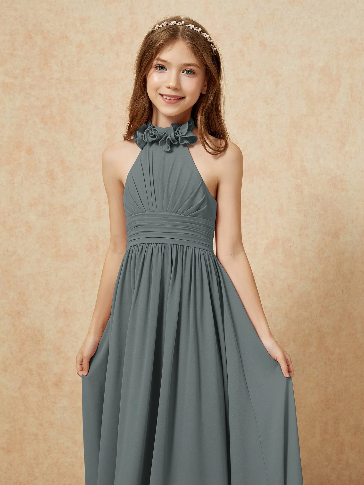 Halshalter Rückenfrei Lang Chiffon Junge Brautjungfernkleider Stahlgrau - Image 6