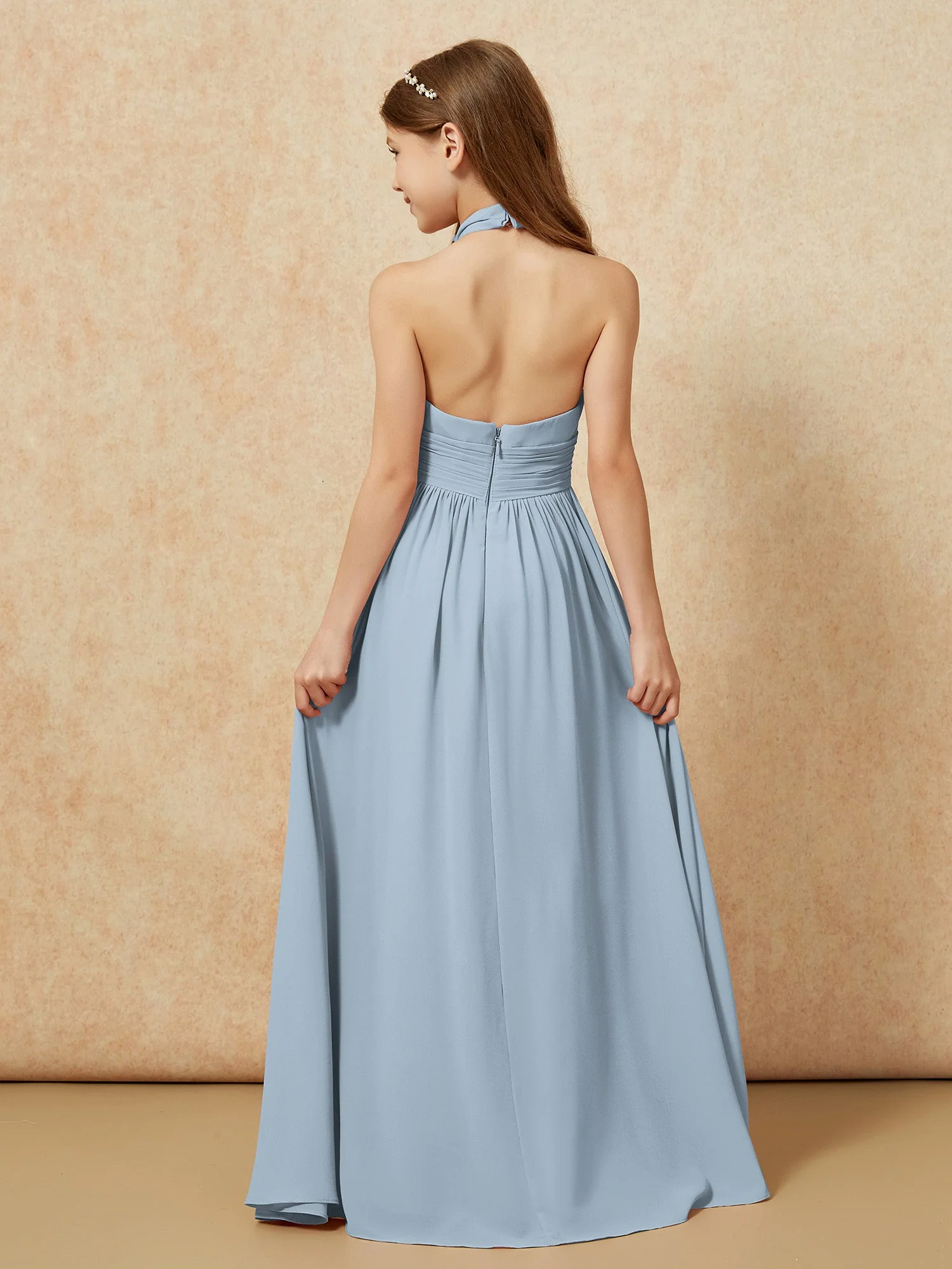Halshalter Rückenfrei Lang Chiffon Junge Brautjungfernkleider Staubiges Blau - Image 2