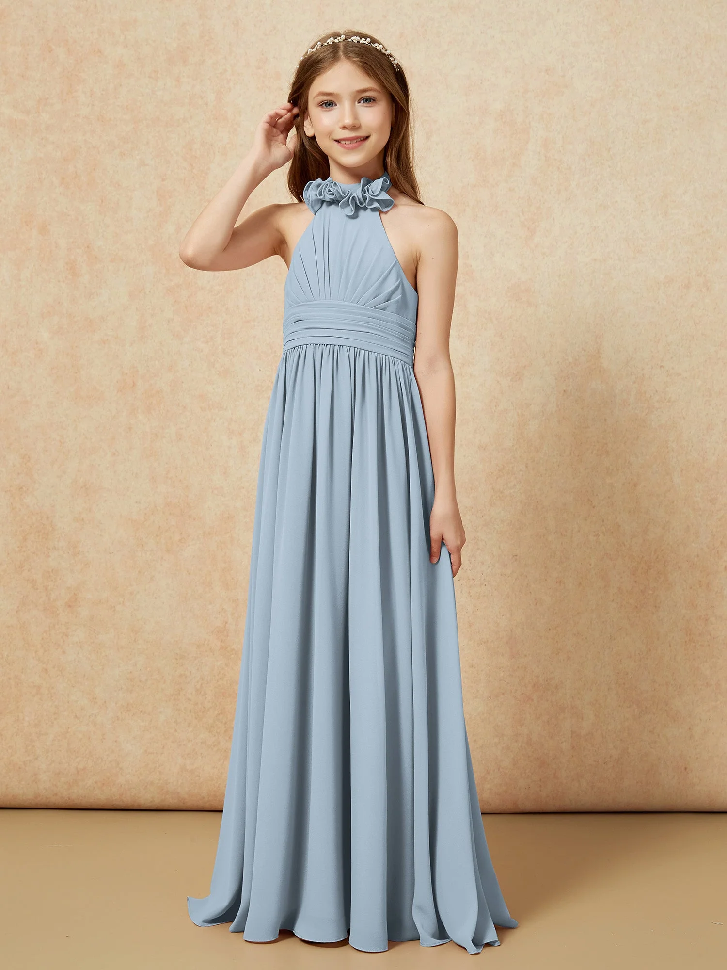 Halshalter Rückenfrei Lang Chiffon Junge Brautjungfernkleider Staubiges Blau - Image 3
