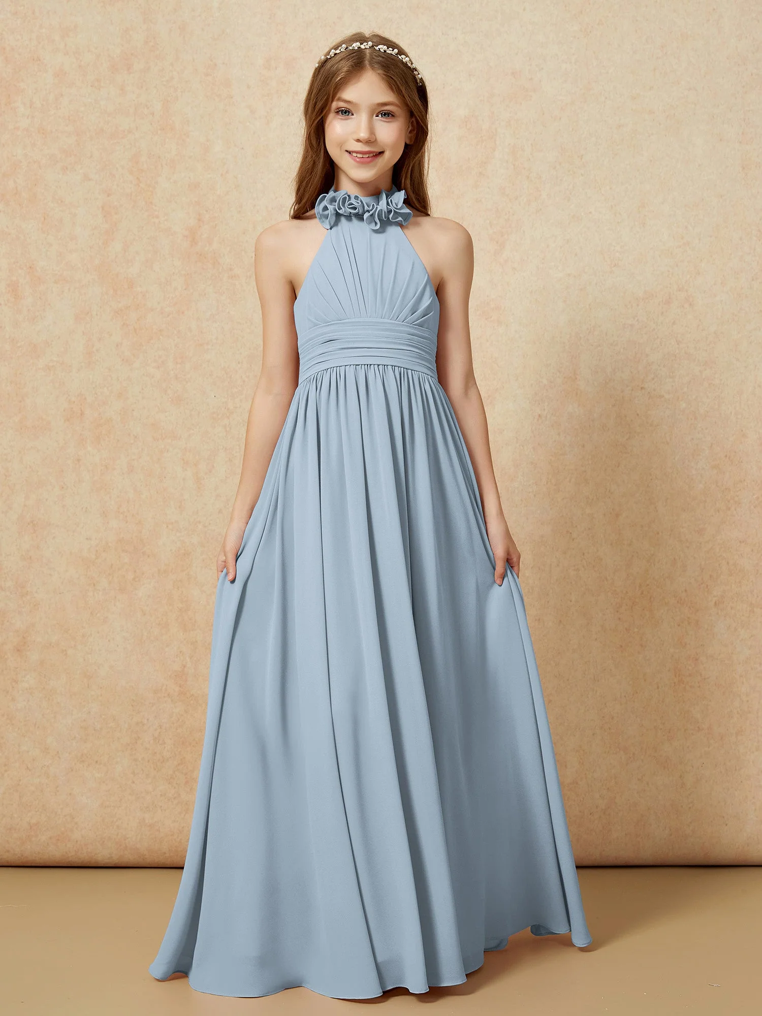 Halshalter Rückenfrei Lang Chiffon Junge Brautjungfernkleider Staubiges Blau - Image 4