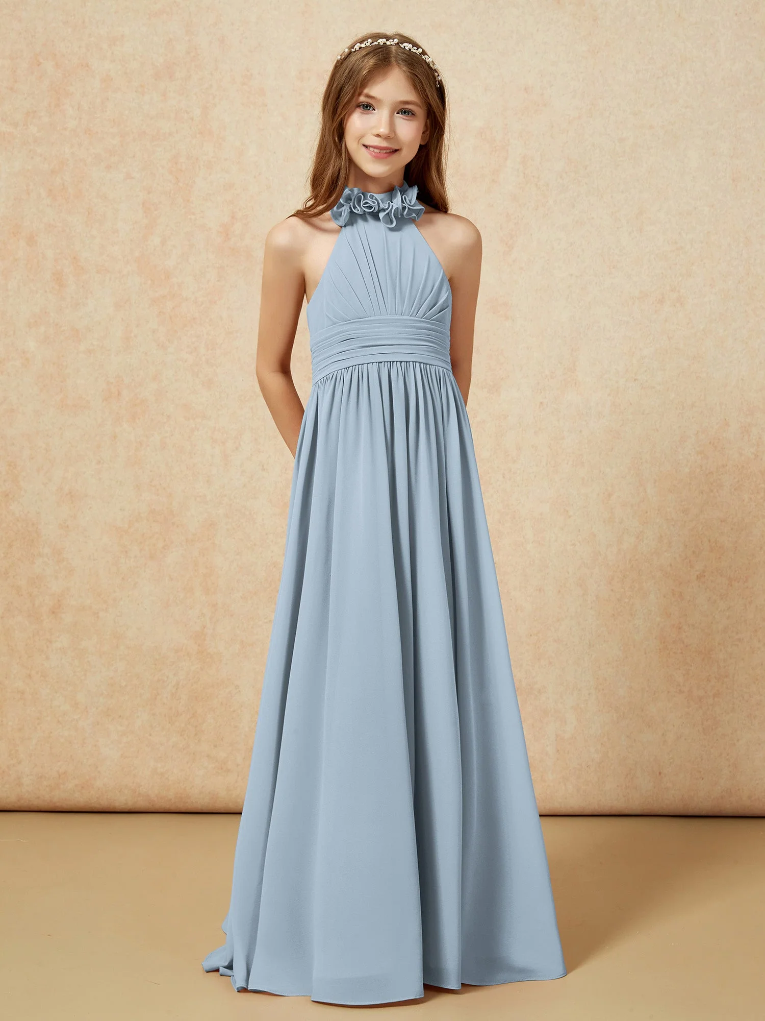 Halshalter Rückenfrei Lang Chiffon Junge Brautjungfernkleider Staubiges Blau - Image 5