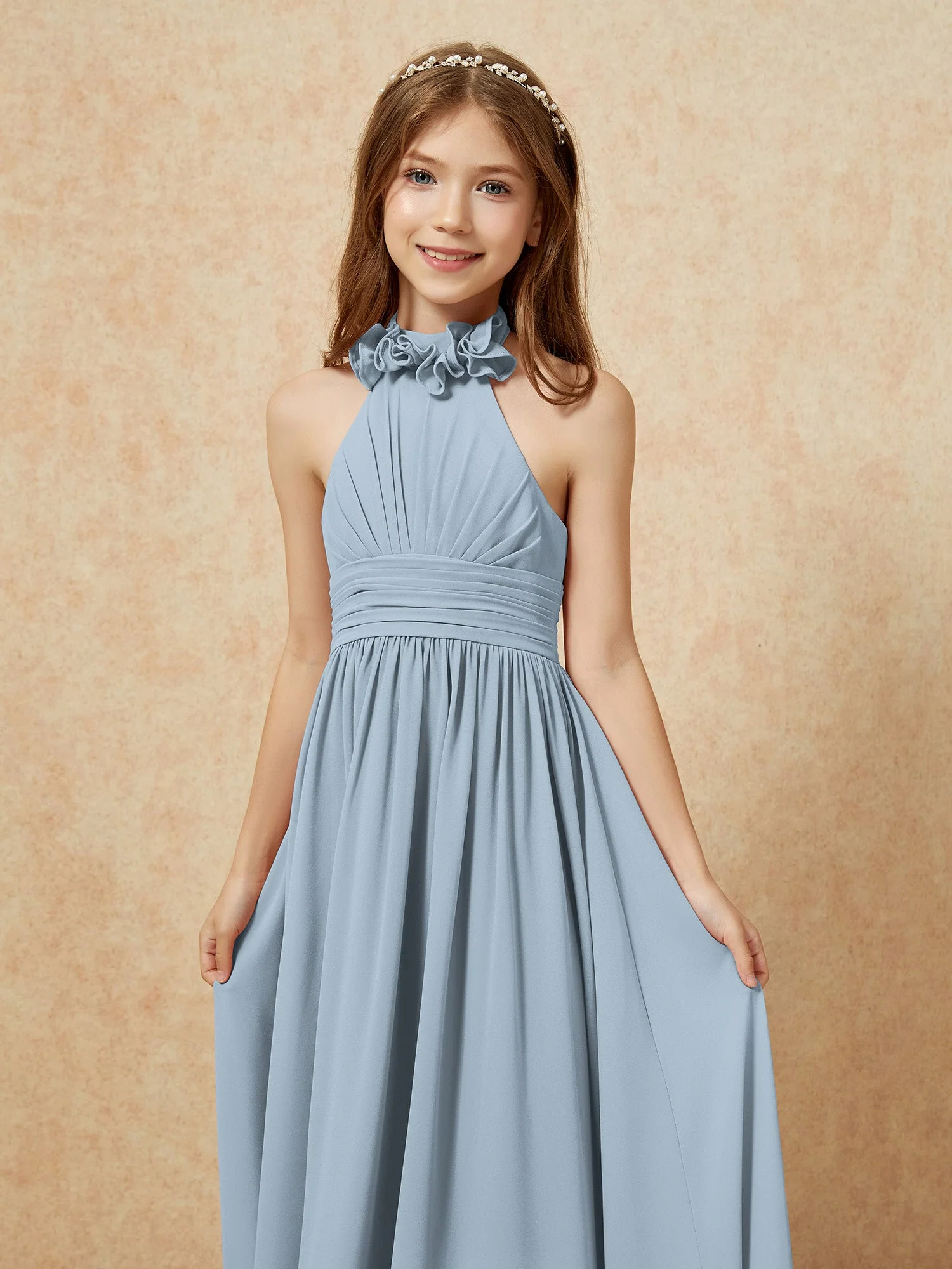 Halshalter Rückenfrei Lang Chiffon Junge Brautjungfernkleider Staubiges Blau - Image 6