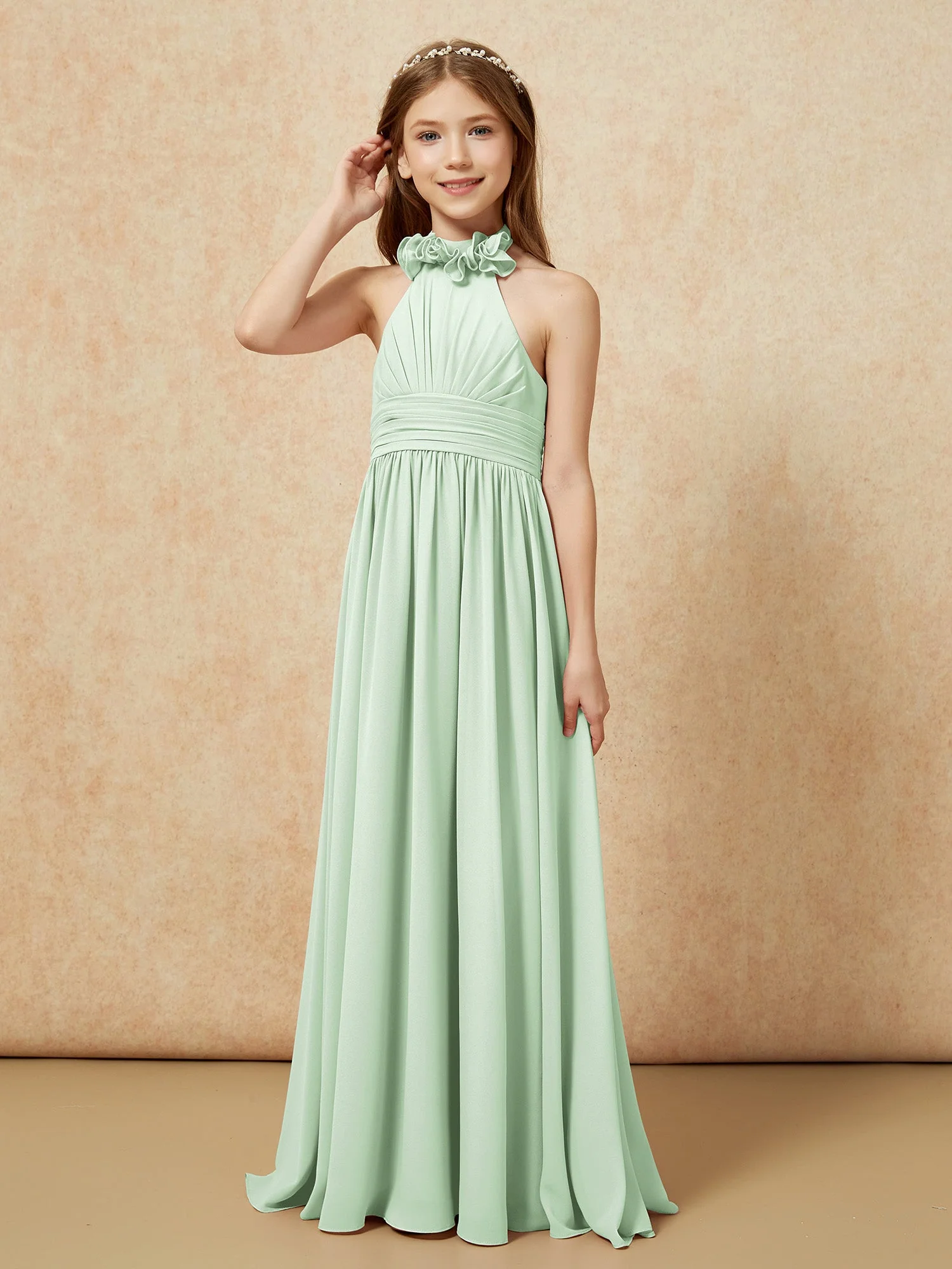 Halshalter Rückenfrei Lang Chiffon Junge Brautjungfernkleider Staubiges Salbei - Image 3