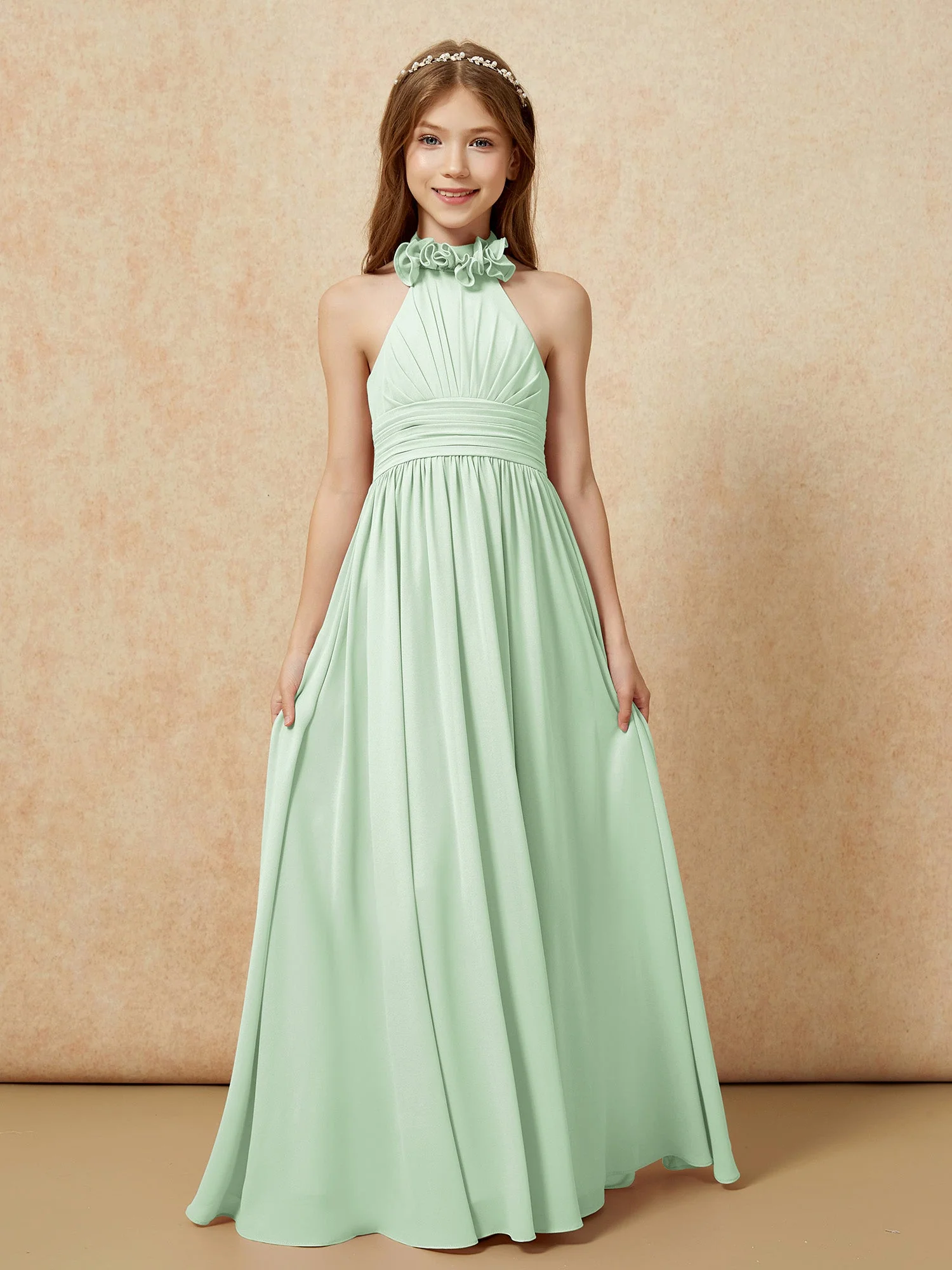 Halshalter Rückenfrei Lang Chiffon Junge Brautjungfernkleider Staubiges Salbei - Image 4