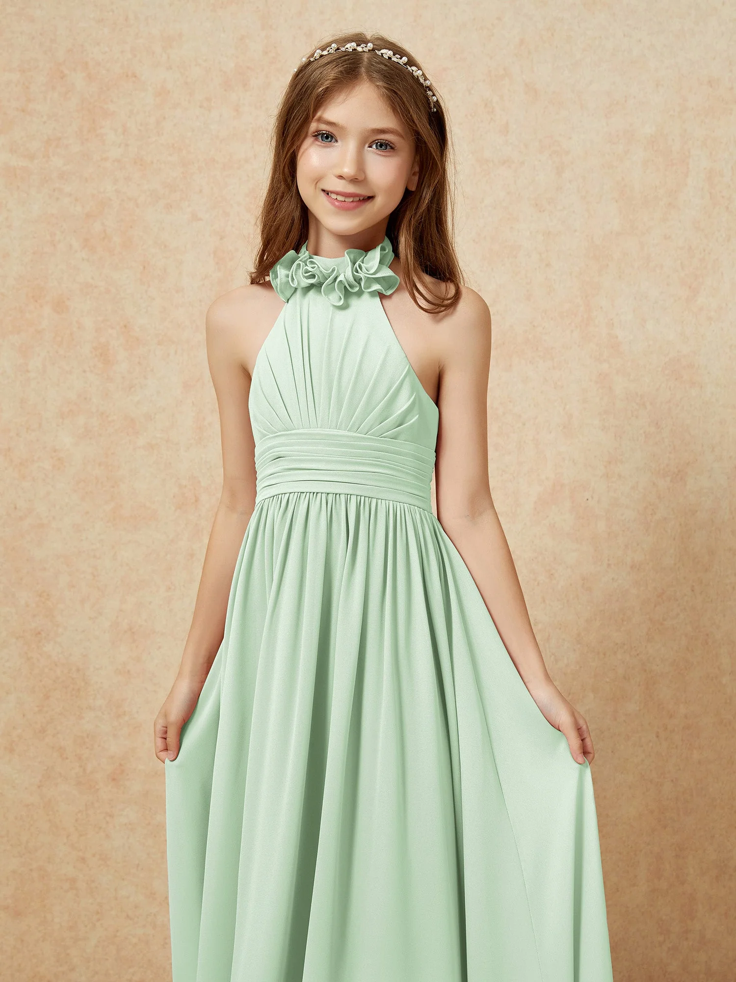 Halshalter Rückenfrei Lang Chiffon Junge Brautjungfernkleider Staubiges Salbei - Image 6