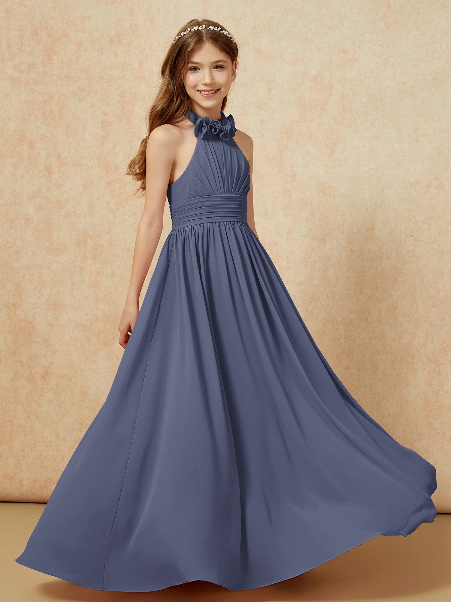 Halshalter Rückenfrei Lang Chiffon Junge Brautjungfernkleider Sturm