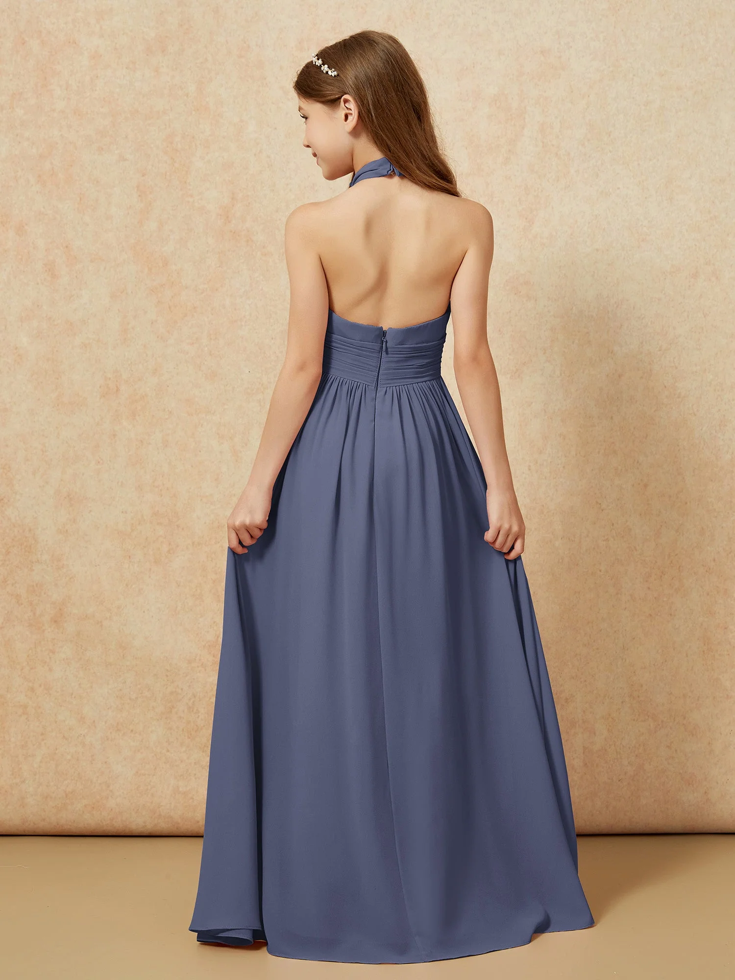 Halshalter Rückenfrei Lang Chiffon Junge Brautjungfernkleider Sturm - Image 2