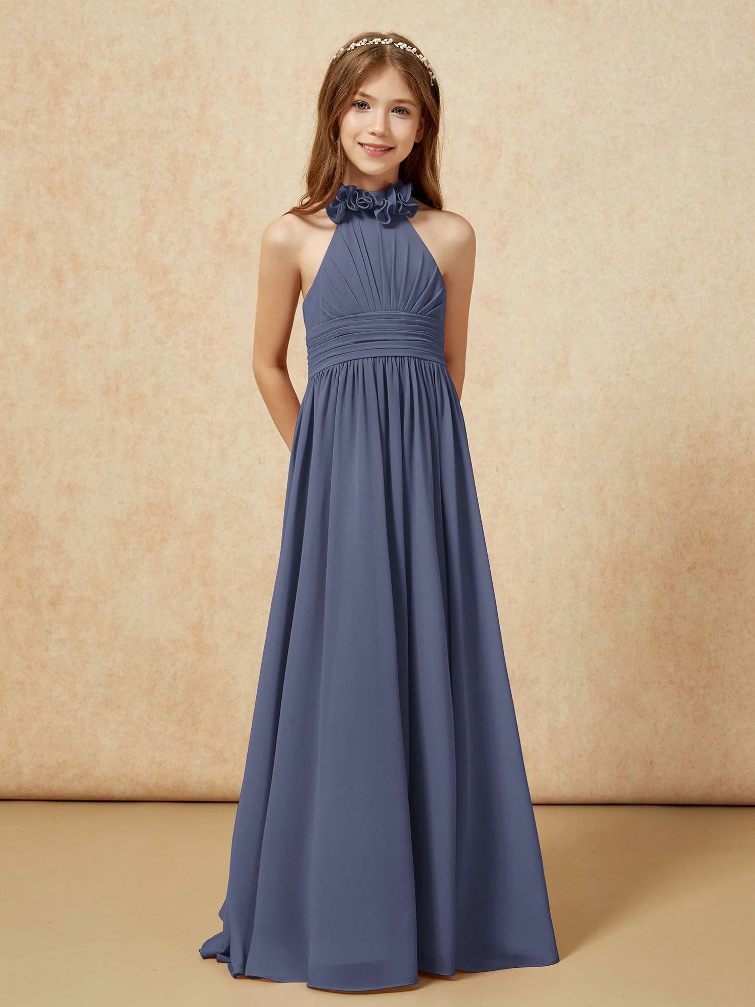 Halshalter Rückenfrei Lang Chiffon Junge Brautjungfernkleider Sturm - Image 5