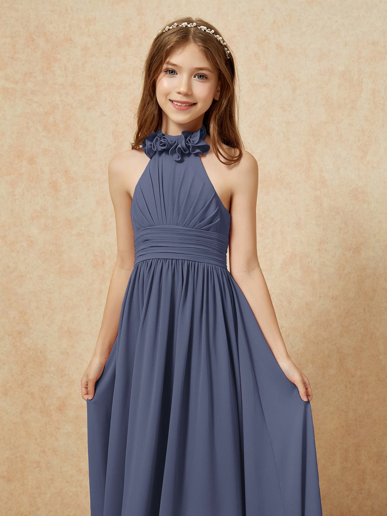 Halshalter Rückenfrei Lang Chiffon Junge Brautjungfernkleider Sturm - Image 6