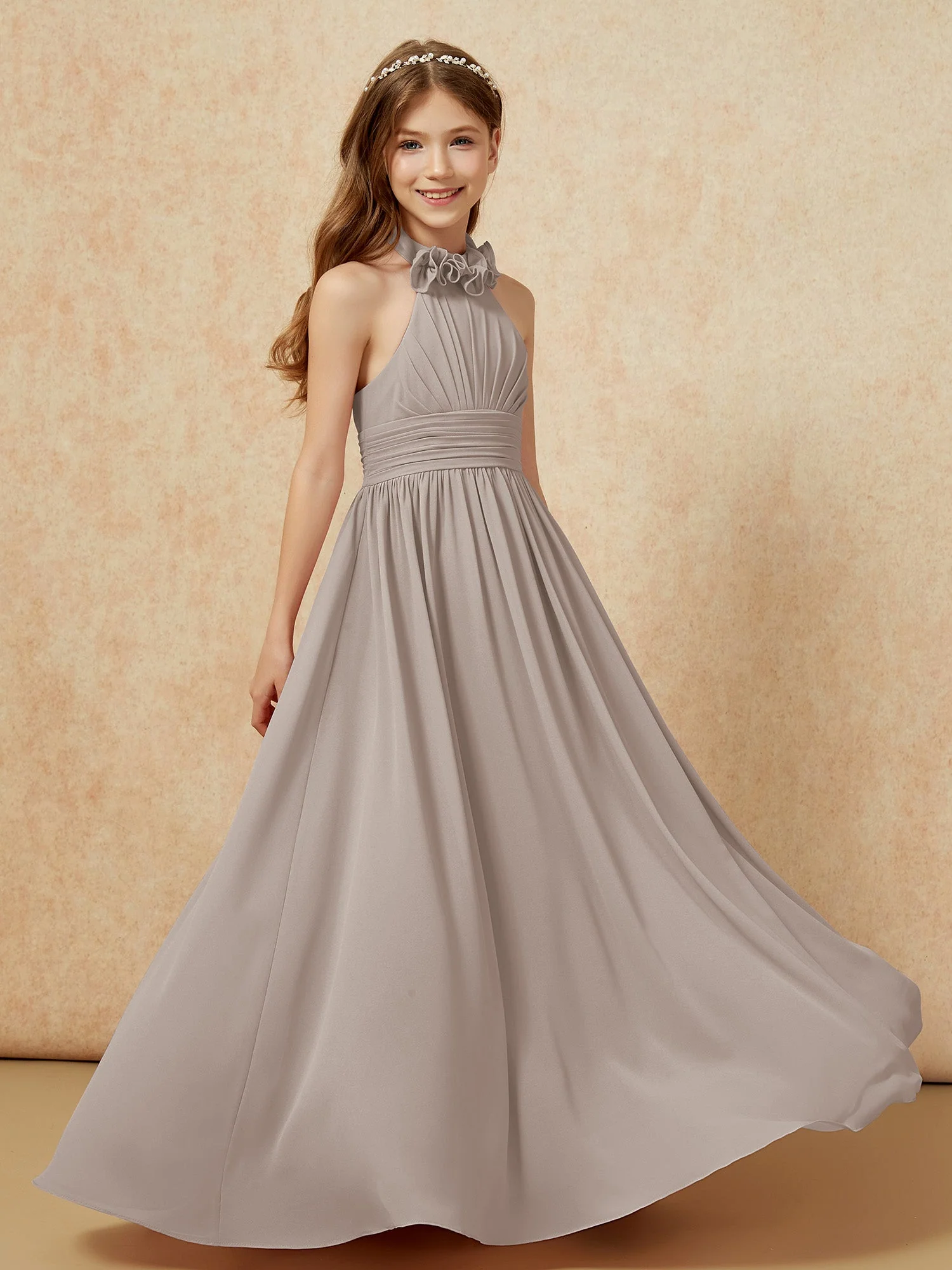 Halshalter Rückenfrei Lang Chiffon Junge Brautjungfernkleider Taupe