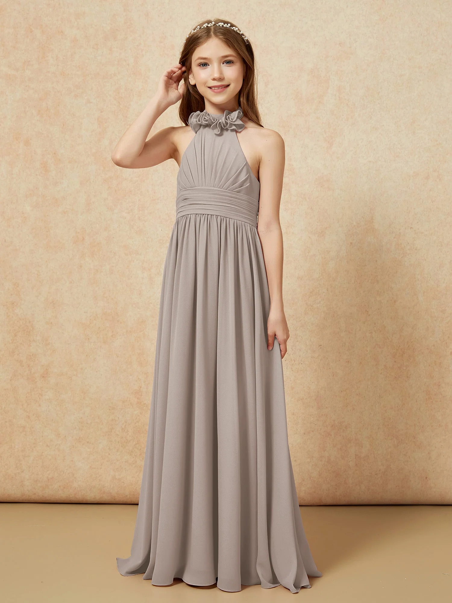 Halshalter Rückenfrei Lang Chiffon Junge Brautjungfernkleider Taupe - Image 3