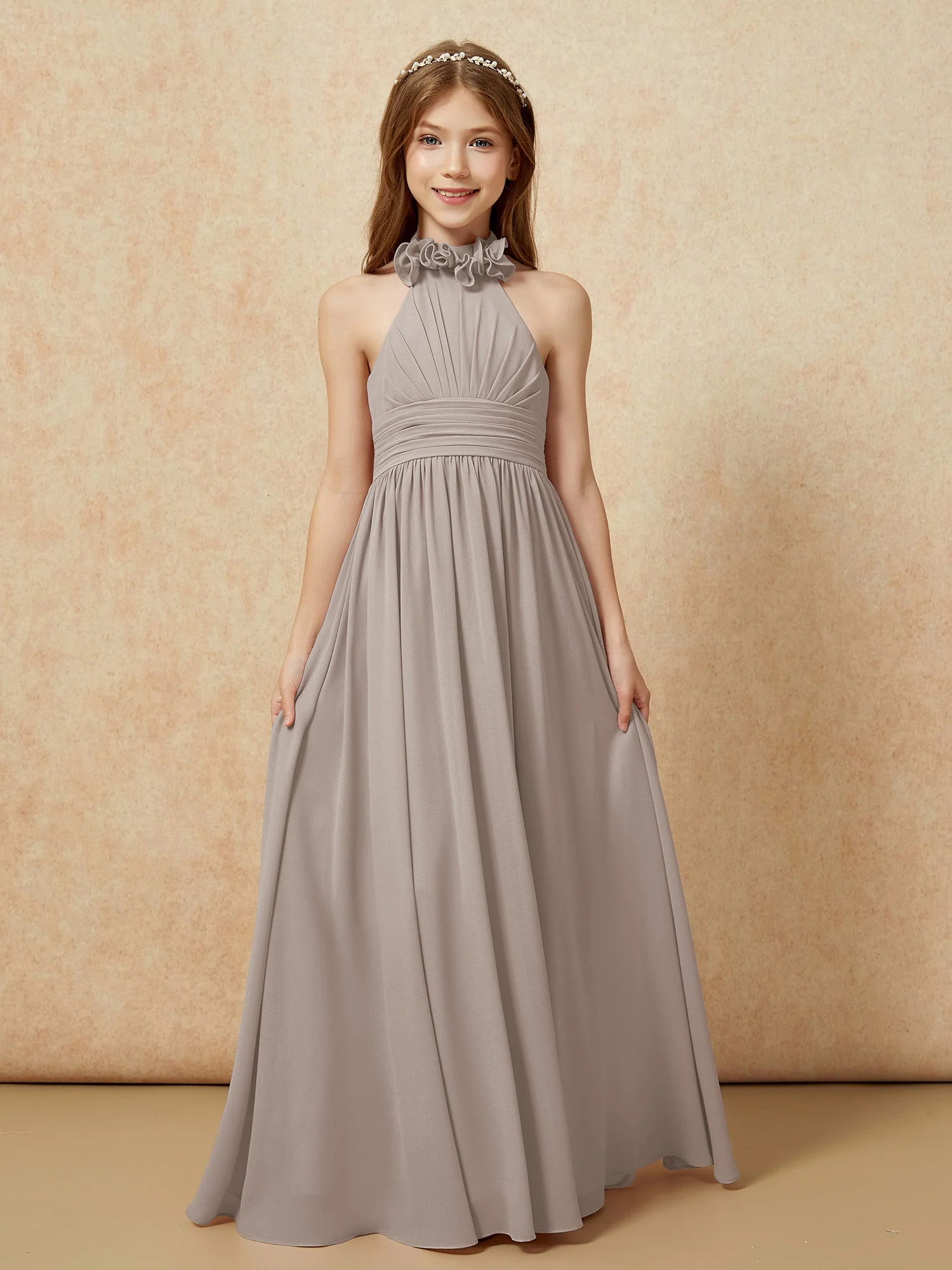 Halshalter Rückenfrei Lang Chiffon Junge Brautjungfernkleider Taupe - Image 4